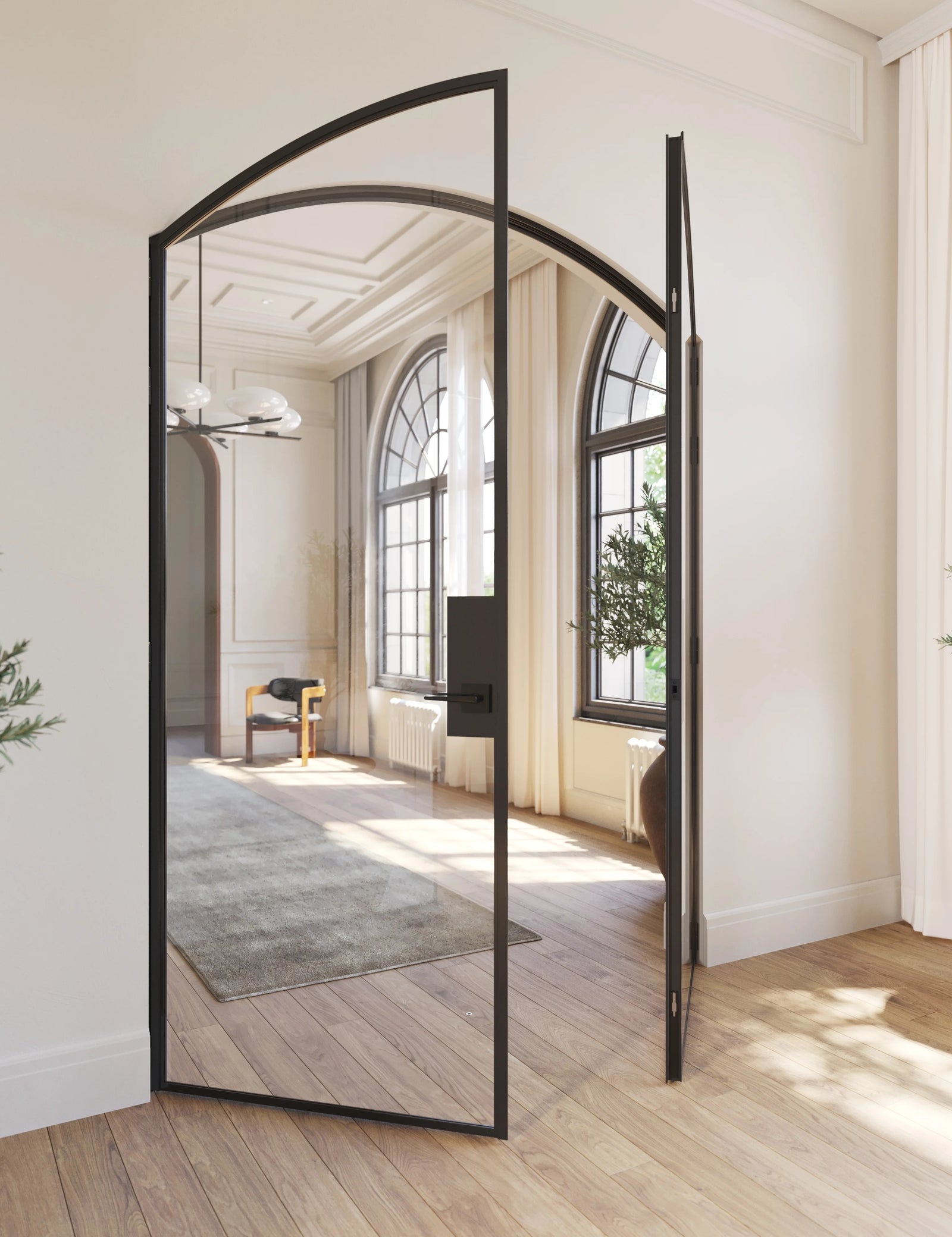 Solid steel double door with curved tops and architectural proportions.