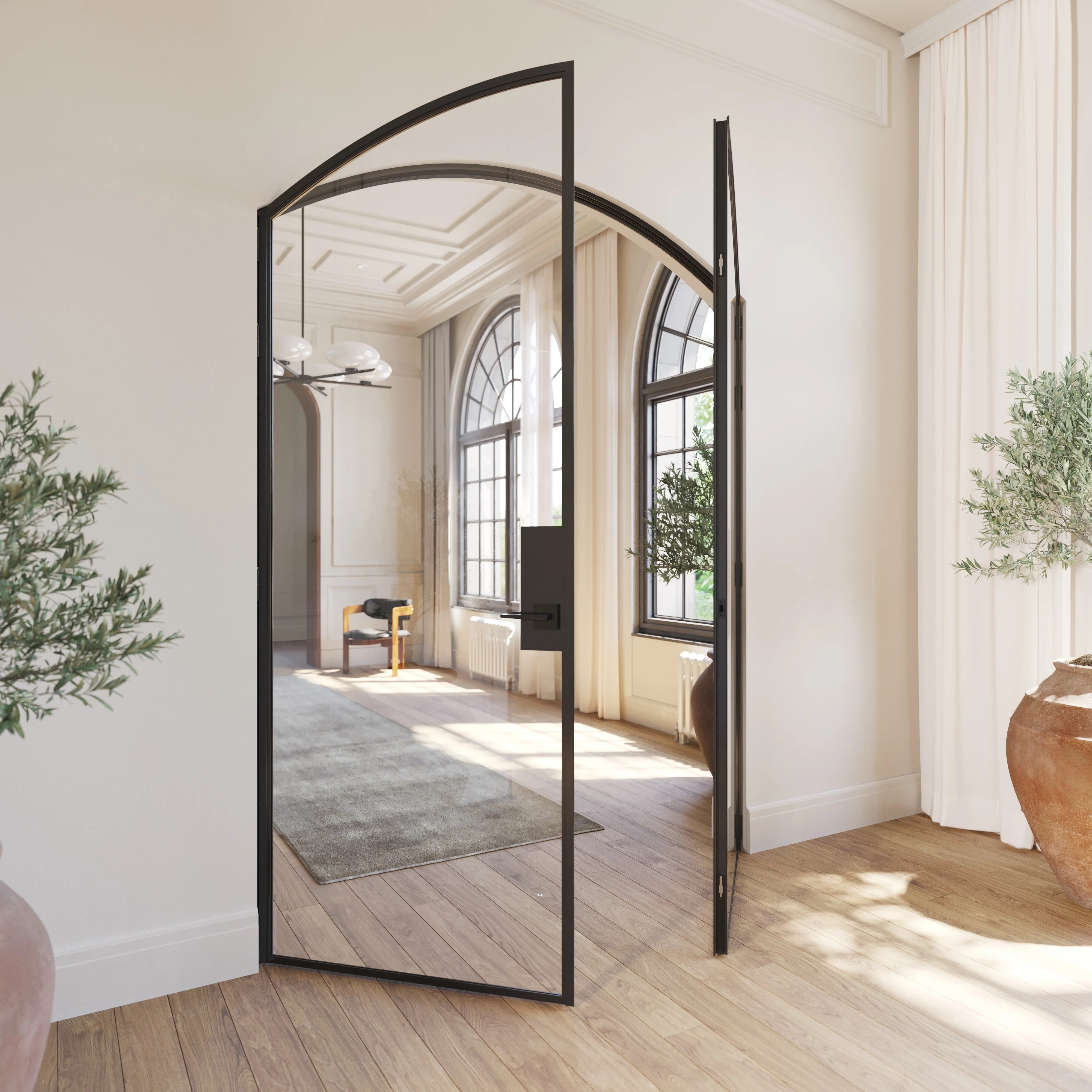 Solid steel double door with curved tops and architectural proportions.