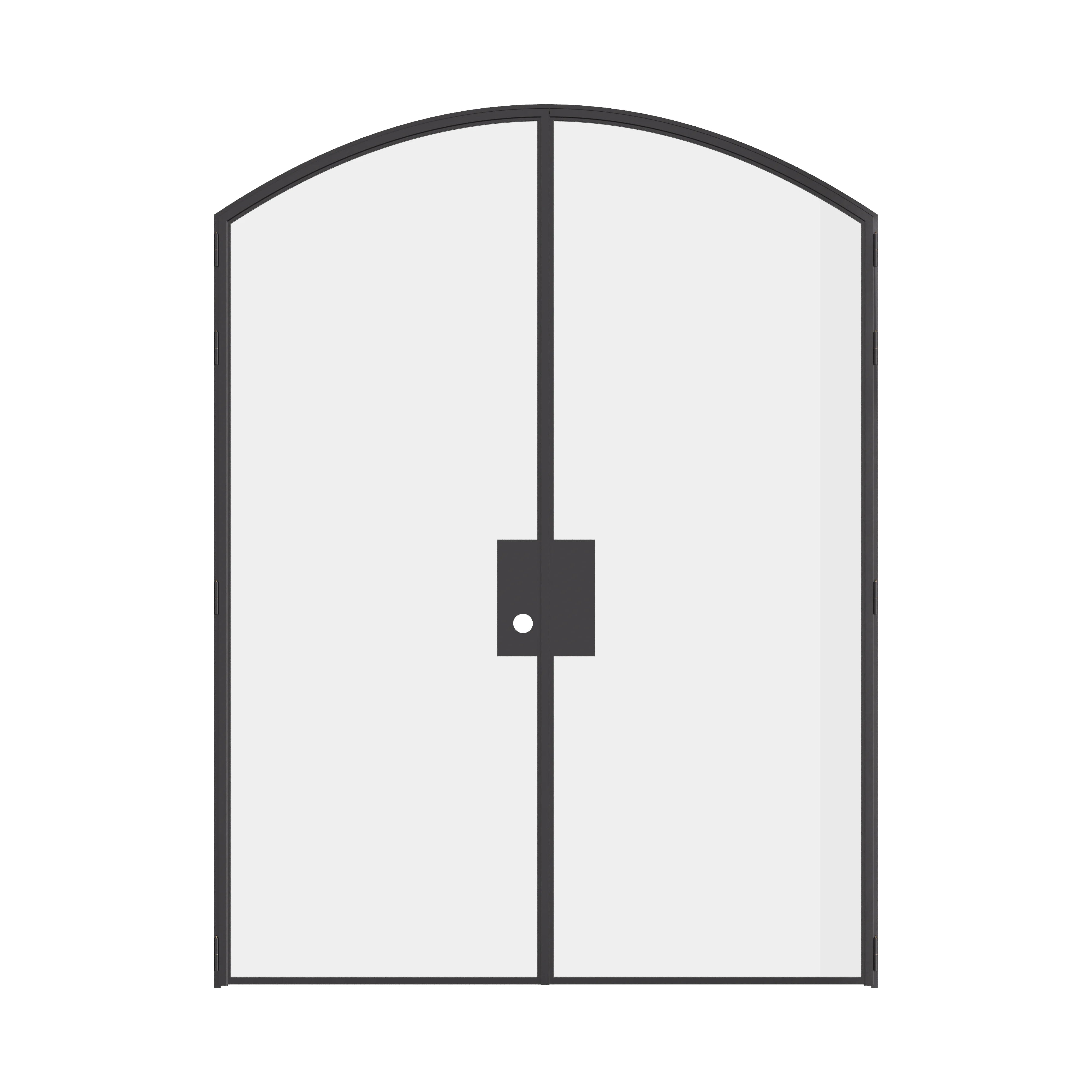 Double arch glass steel door, solid steel construction with narrow architectural frame