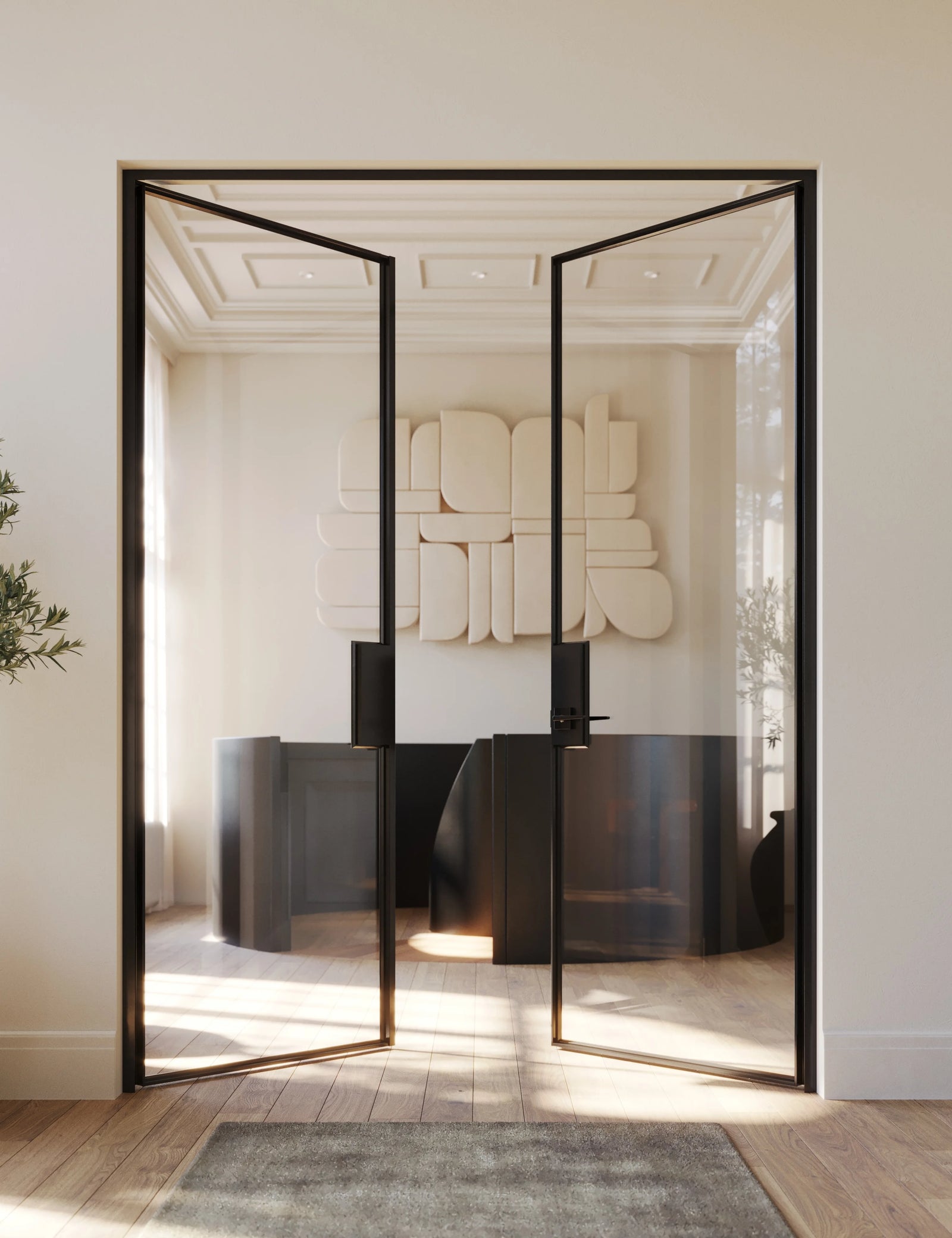 Architectural Air Lite double flat doors with narrow steel frames and modular system construction