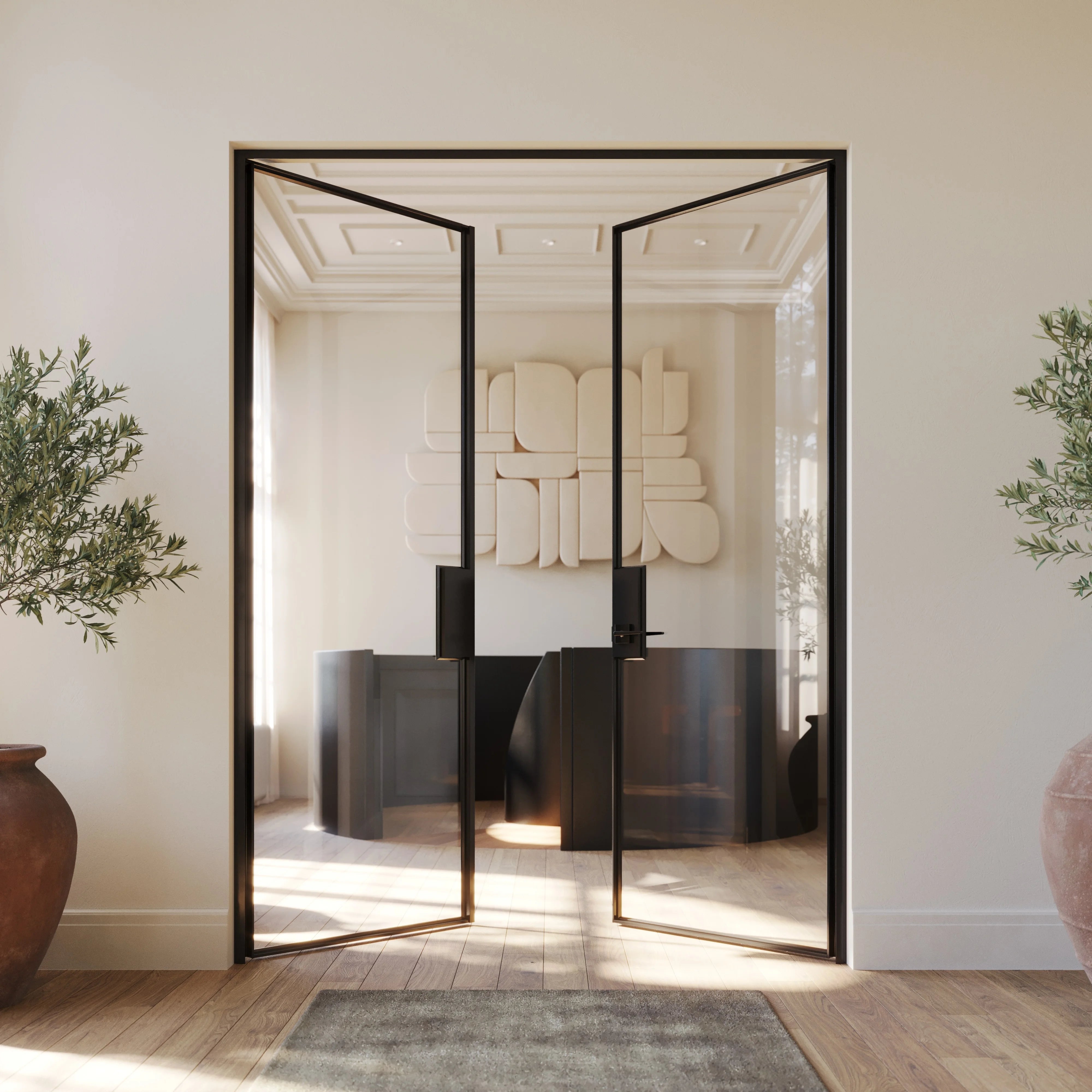 Architectural Air Lite double flat doors with narrow steel frames and modular system construction