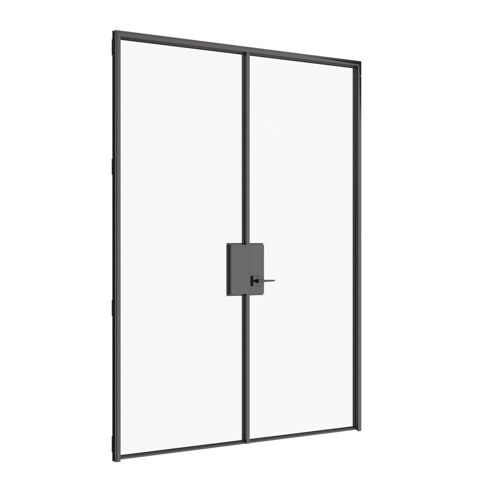 Interior double flat Air Lite doors with full glass panels, solid steel build, and clean modern lines