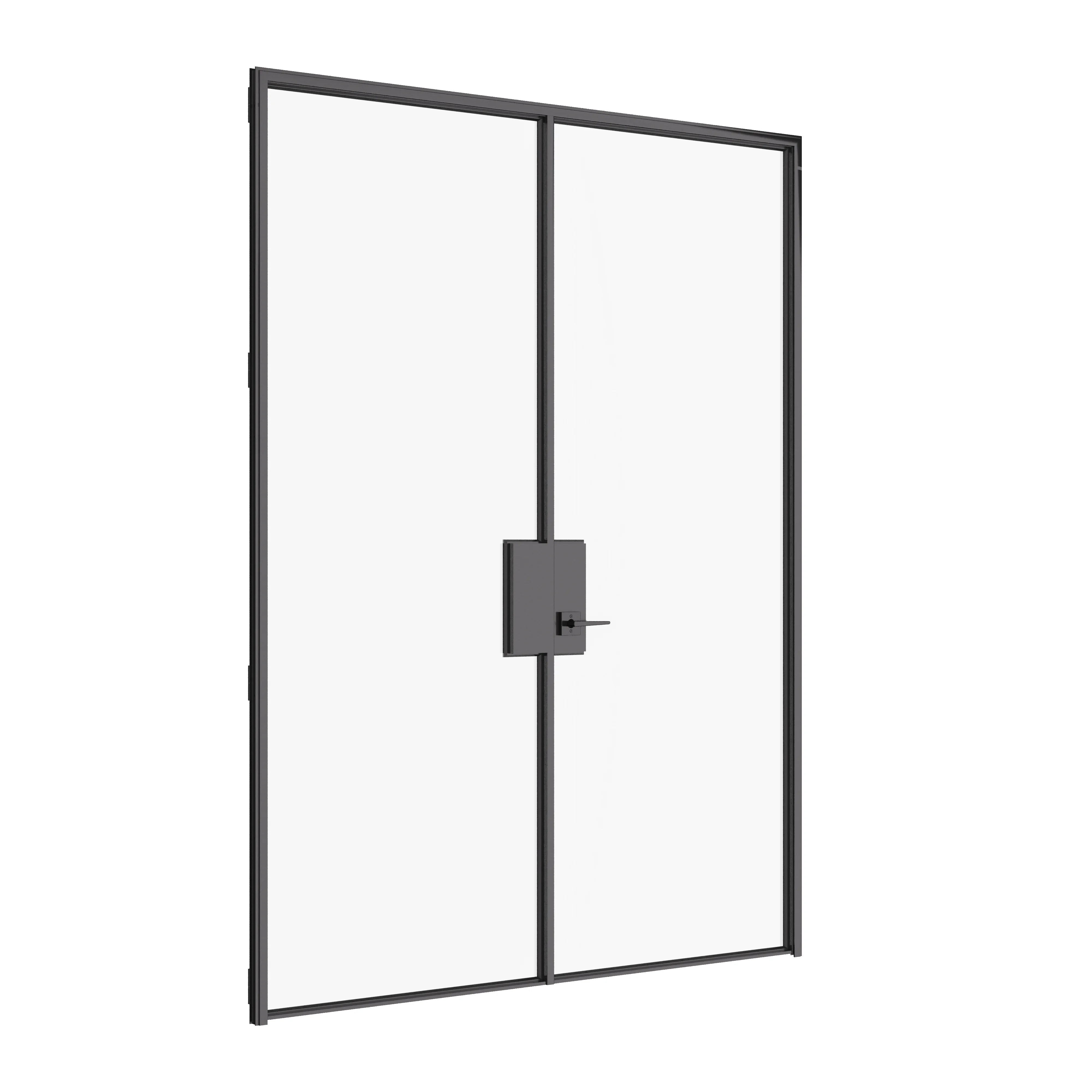 Interior double flat Air Lite doors with full glass panels, solid steel build, and clean modern lines