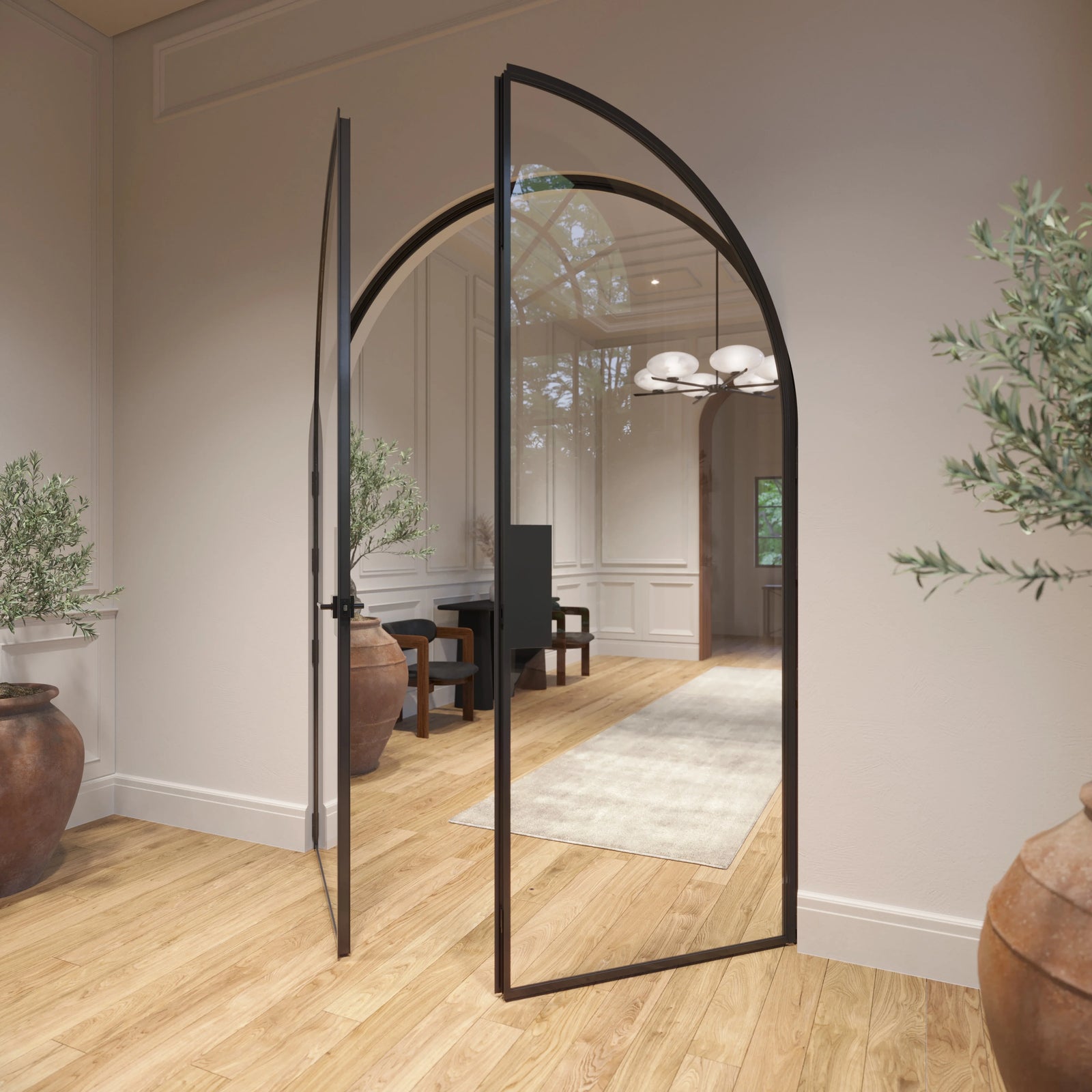 Architectural Air Lite double full arch doors with narrow sightlines and modular steel construction