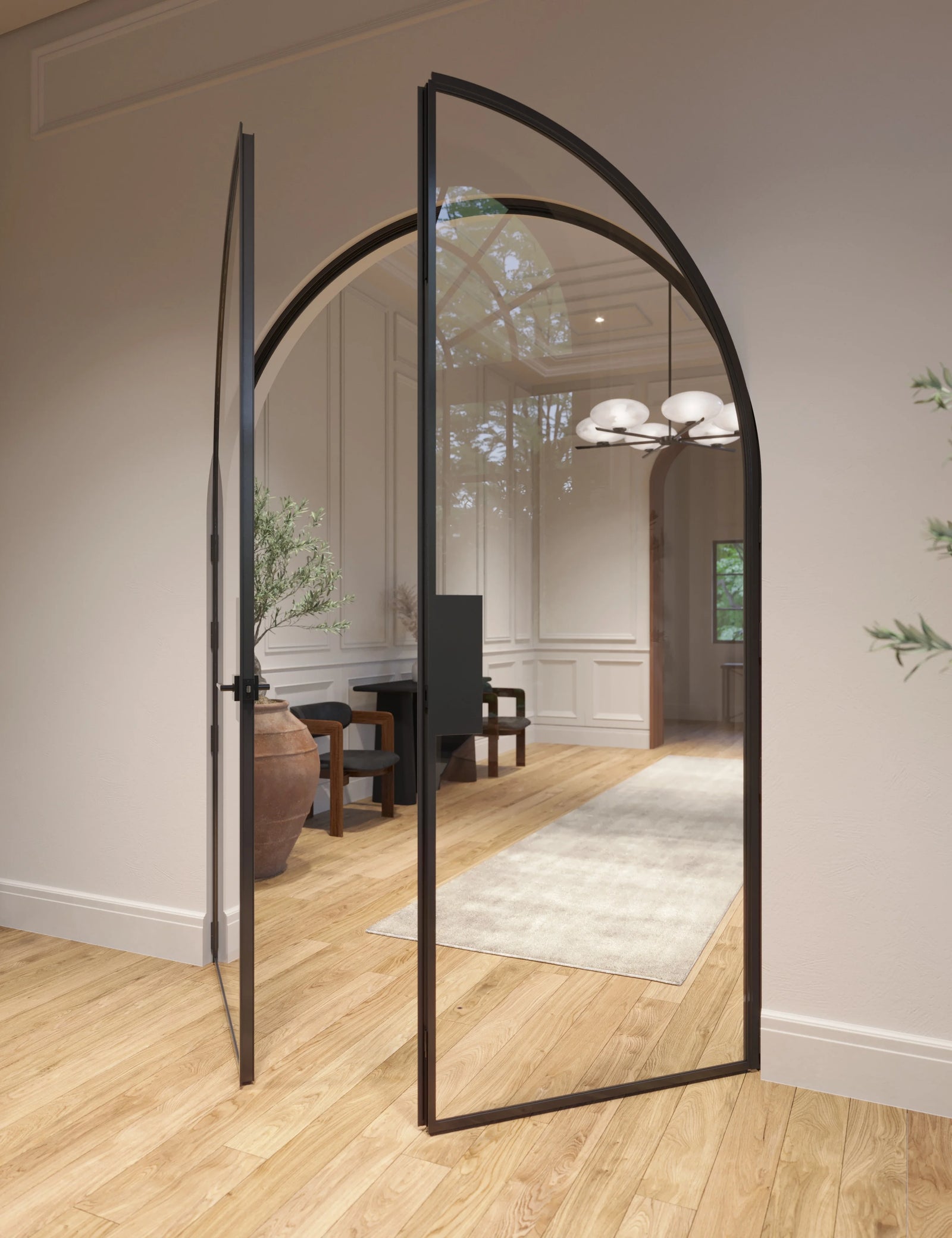 Architectural Air Lite double full arch doors with narrow sightlines and modular steel construction