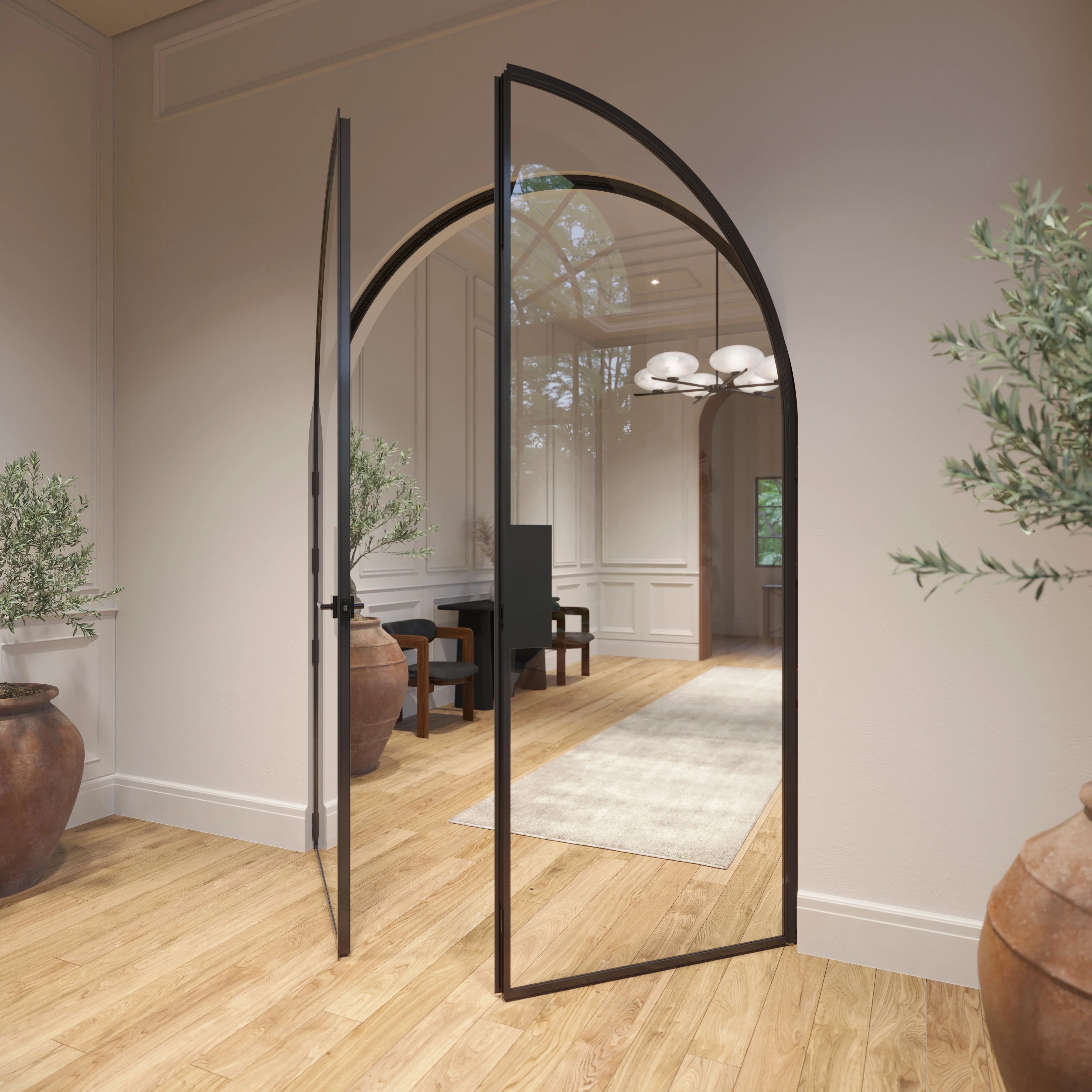 Architectural Air Lite double full arch doors with narrow sightlines and modular steel construction