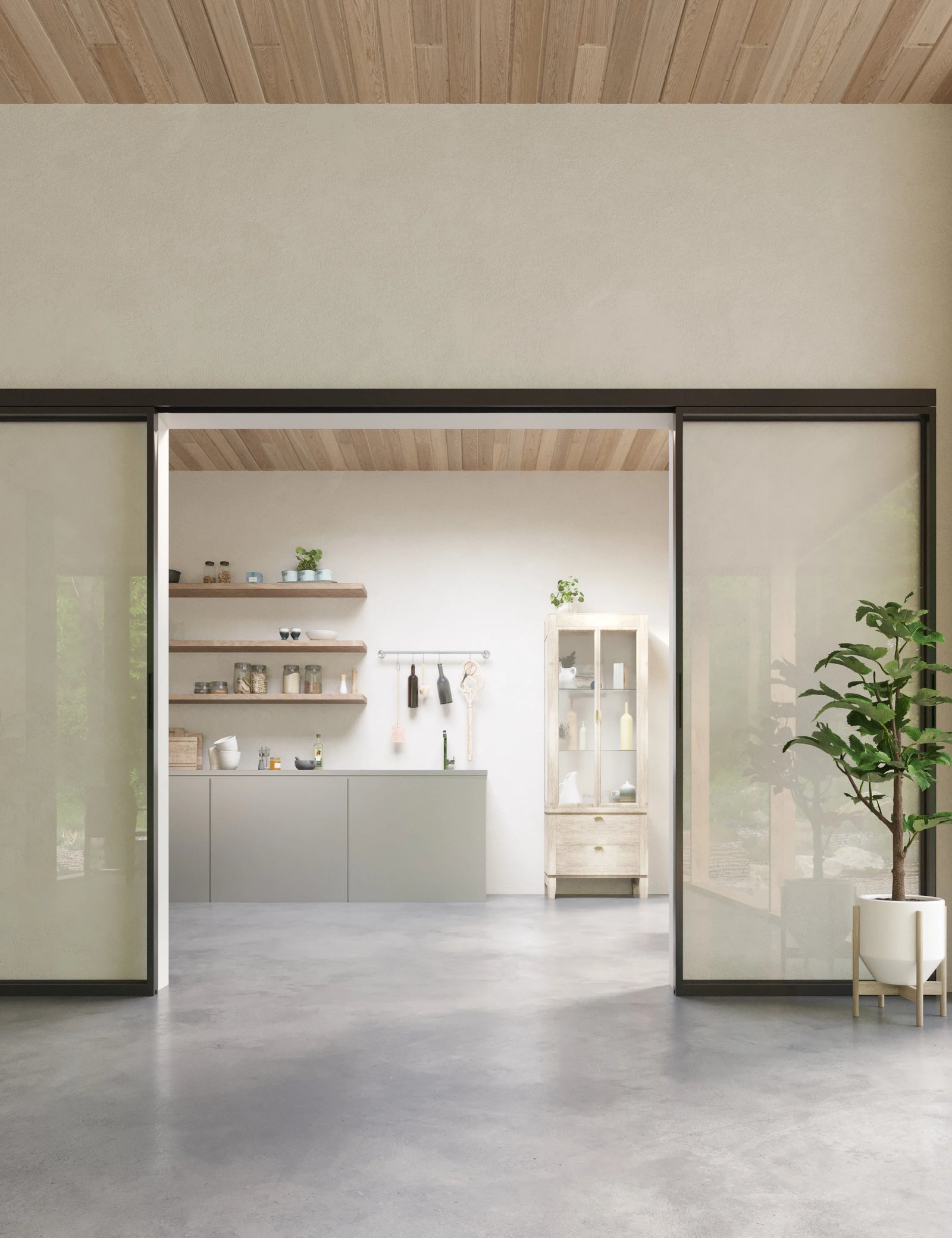 Double flat sliding interior glass door with top track system and minimalist frame