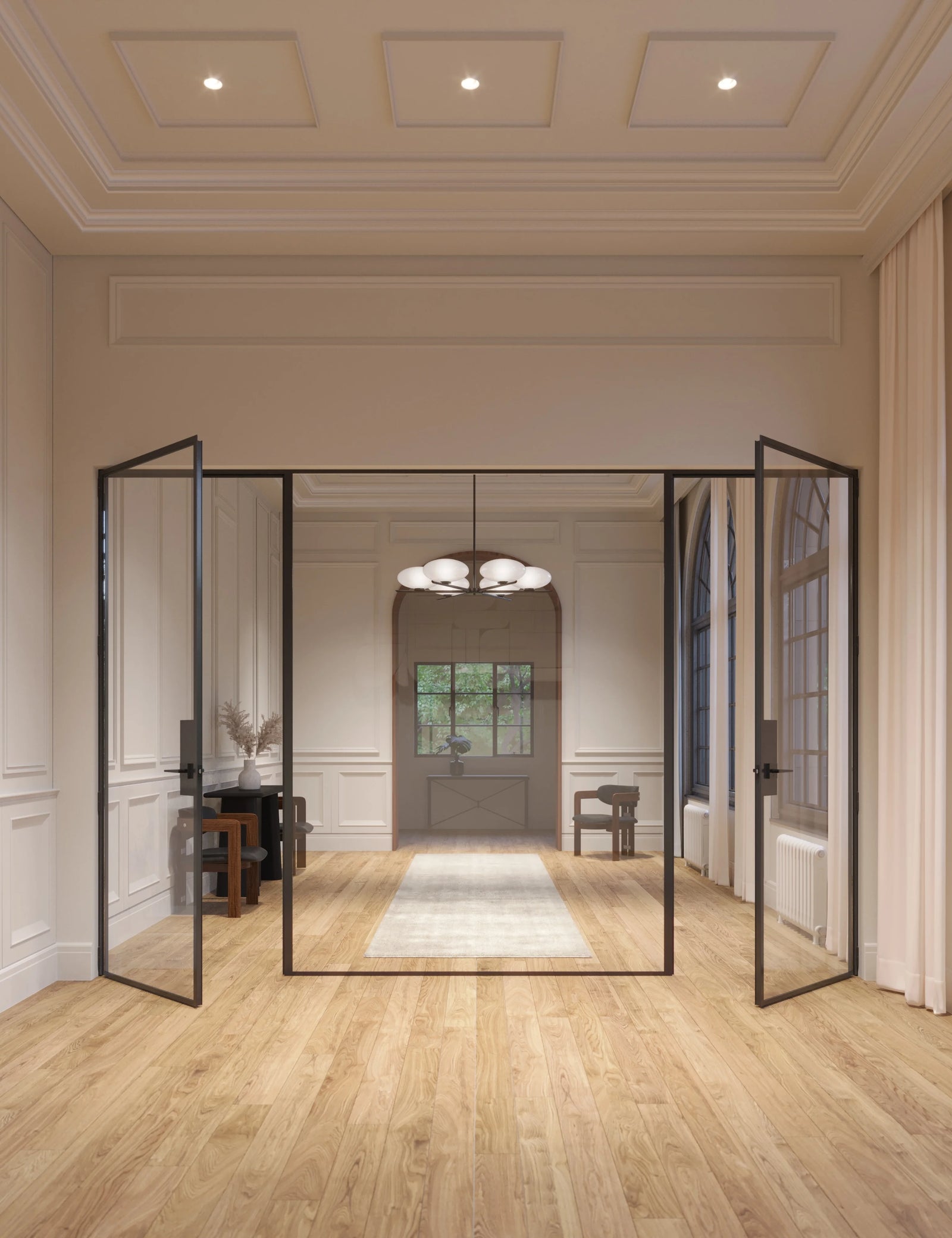 Modular dual single door system with middle fixed glass panel and narrow sightlines.