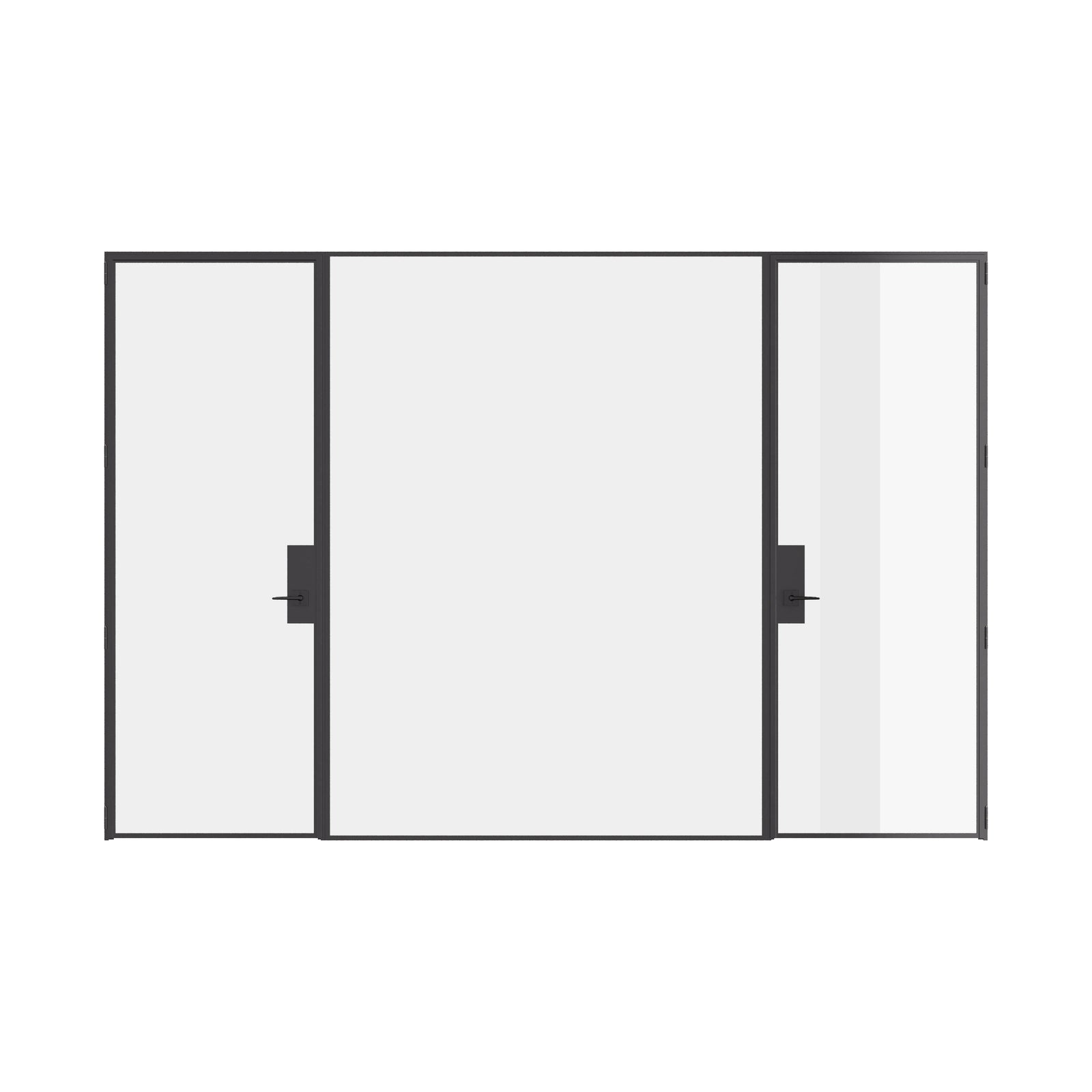 Pre-hung dual single steel doors with center fixed panel and flat tops, built from solid steel.