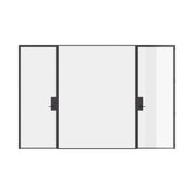 Pre-hung dual single steel doors with center fixed panel and flat tops, built from solid steel.