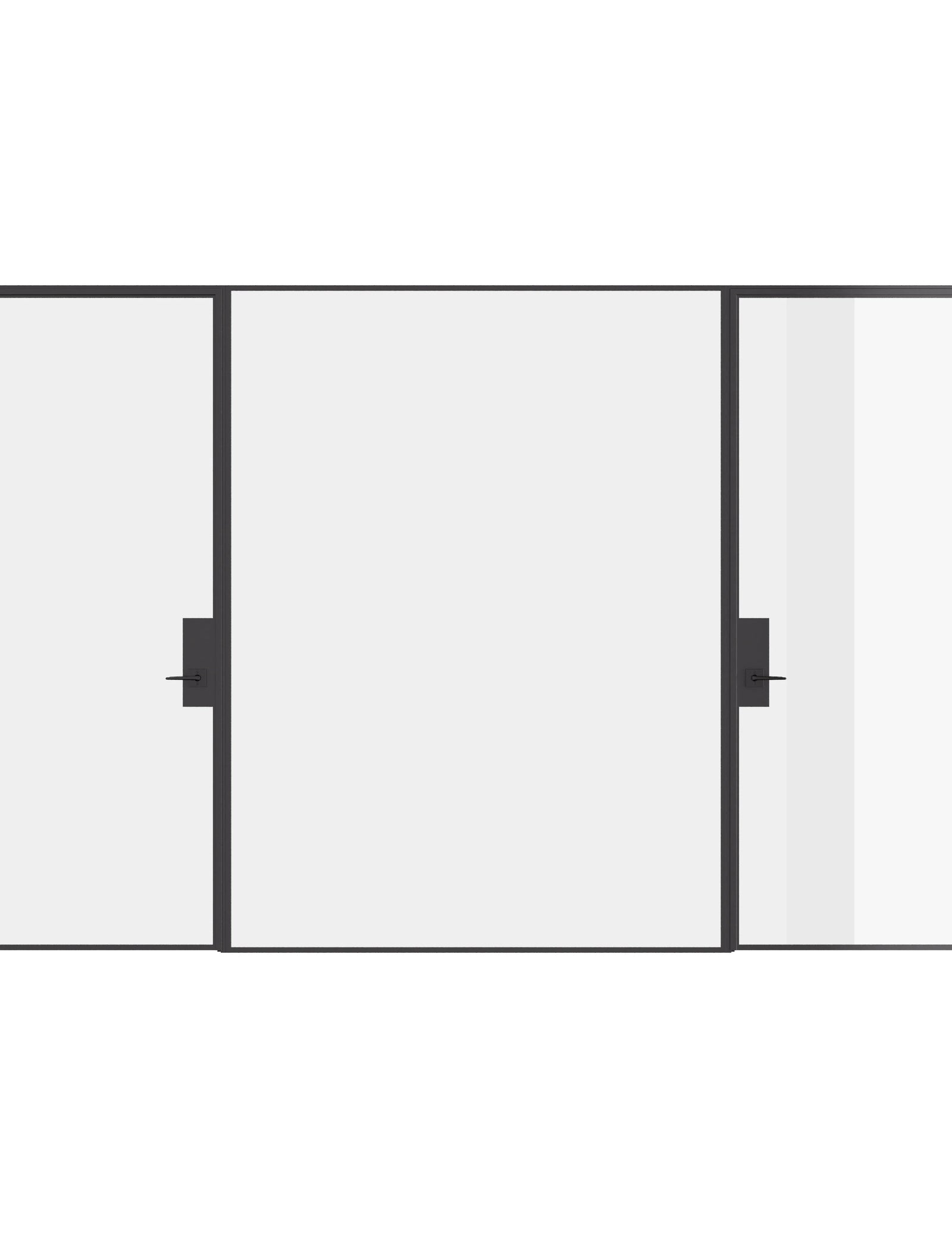 Pre-hung dual single steel doors with center fixed panel and flat tops, built from solid steel.