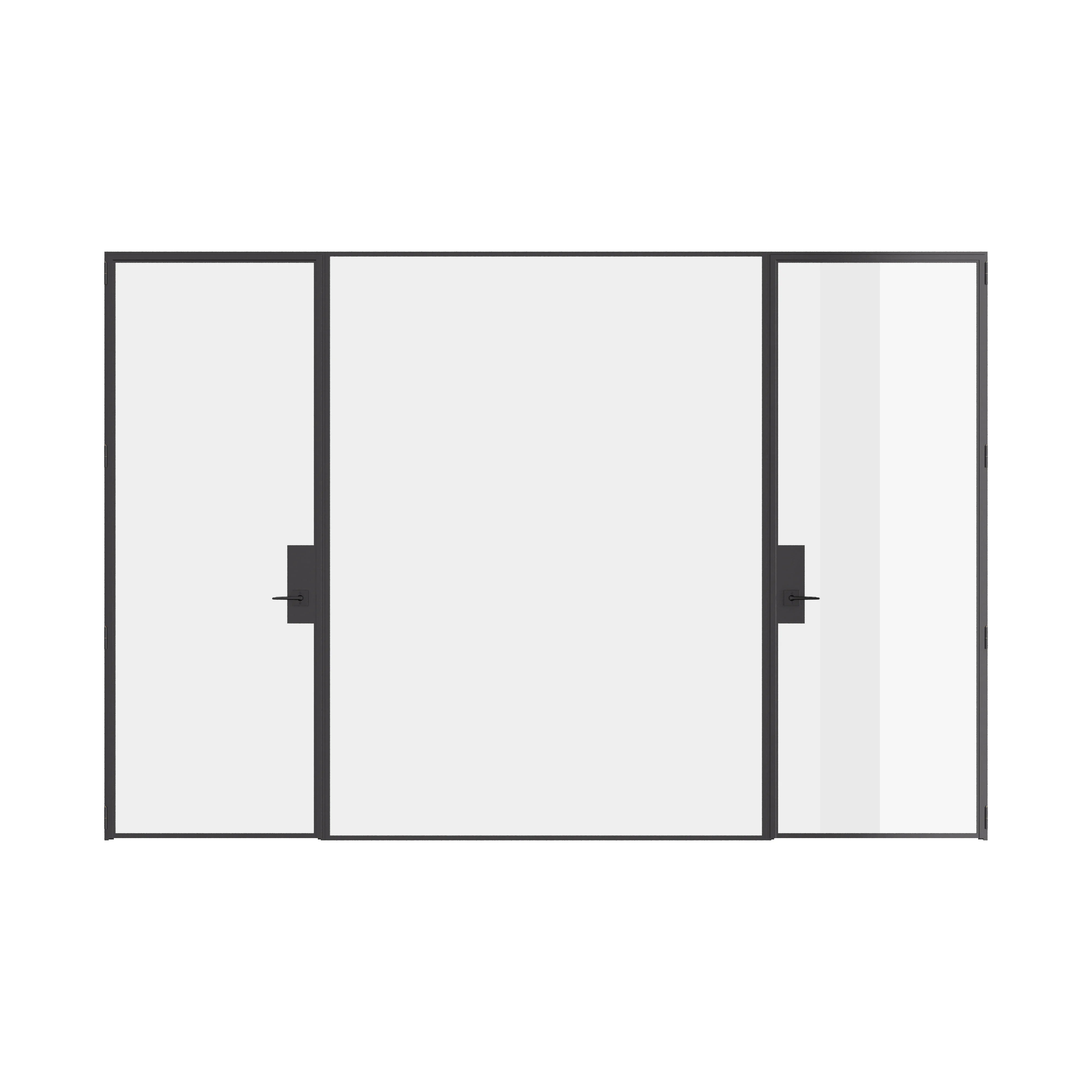 Pre-hung dual single steel doors with center fixed panel and flat tops, built from solid steel.