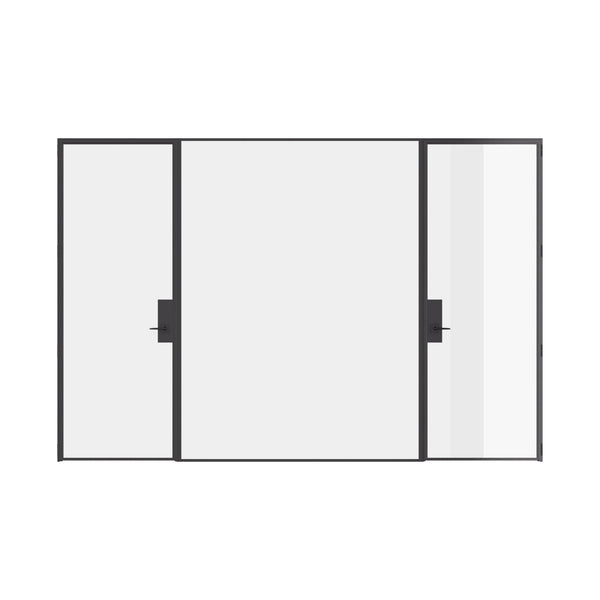 Pre-hung dual single steel doors with center fixed panel and flat tops, built from solid steel.