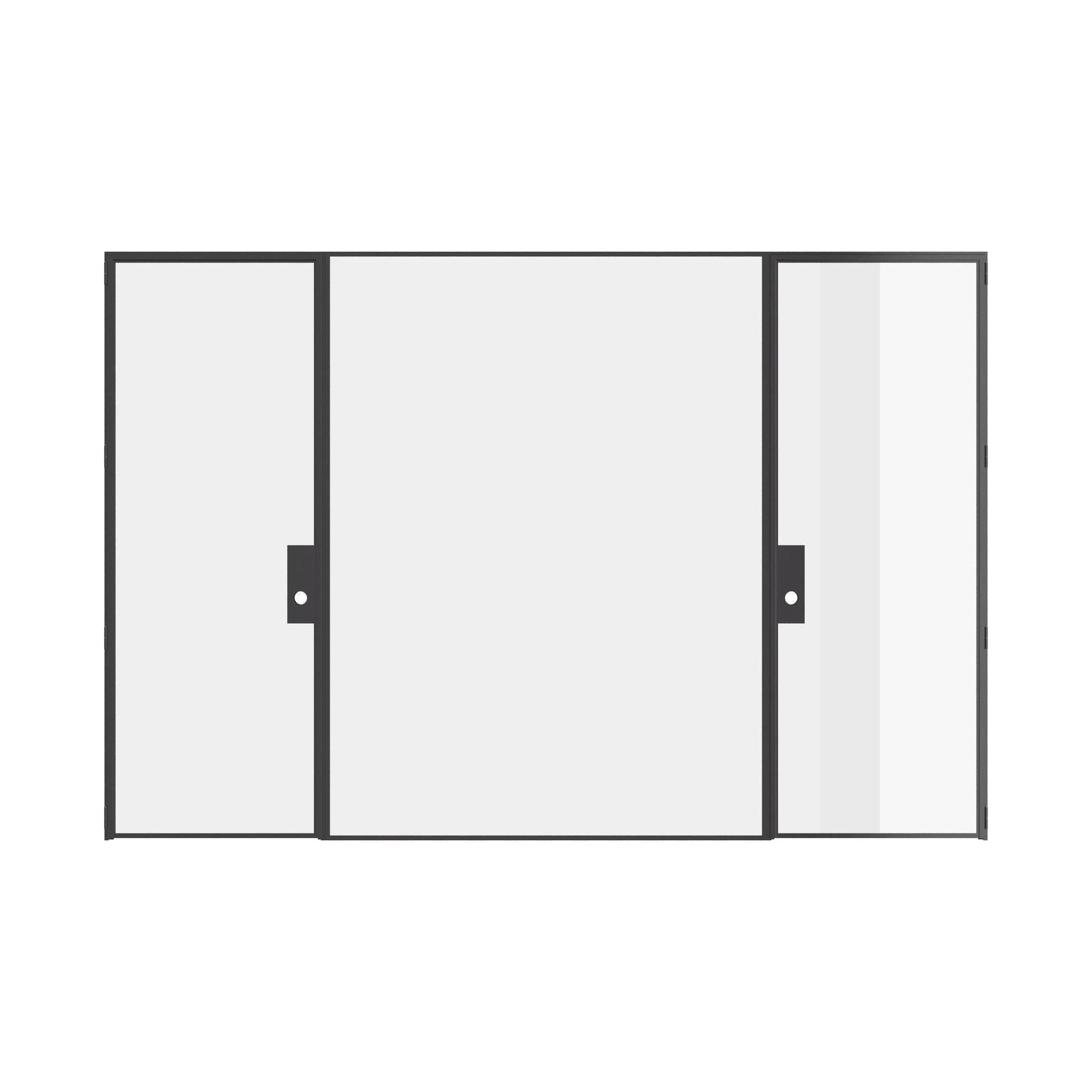 Dual single flat interior steel door system with center glass lite, solid steel construction and slim profile