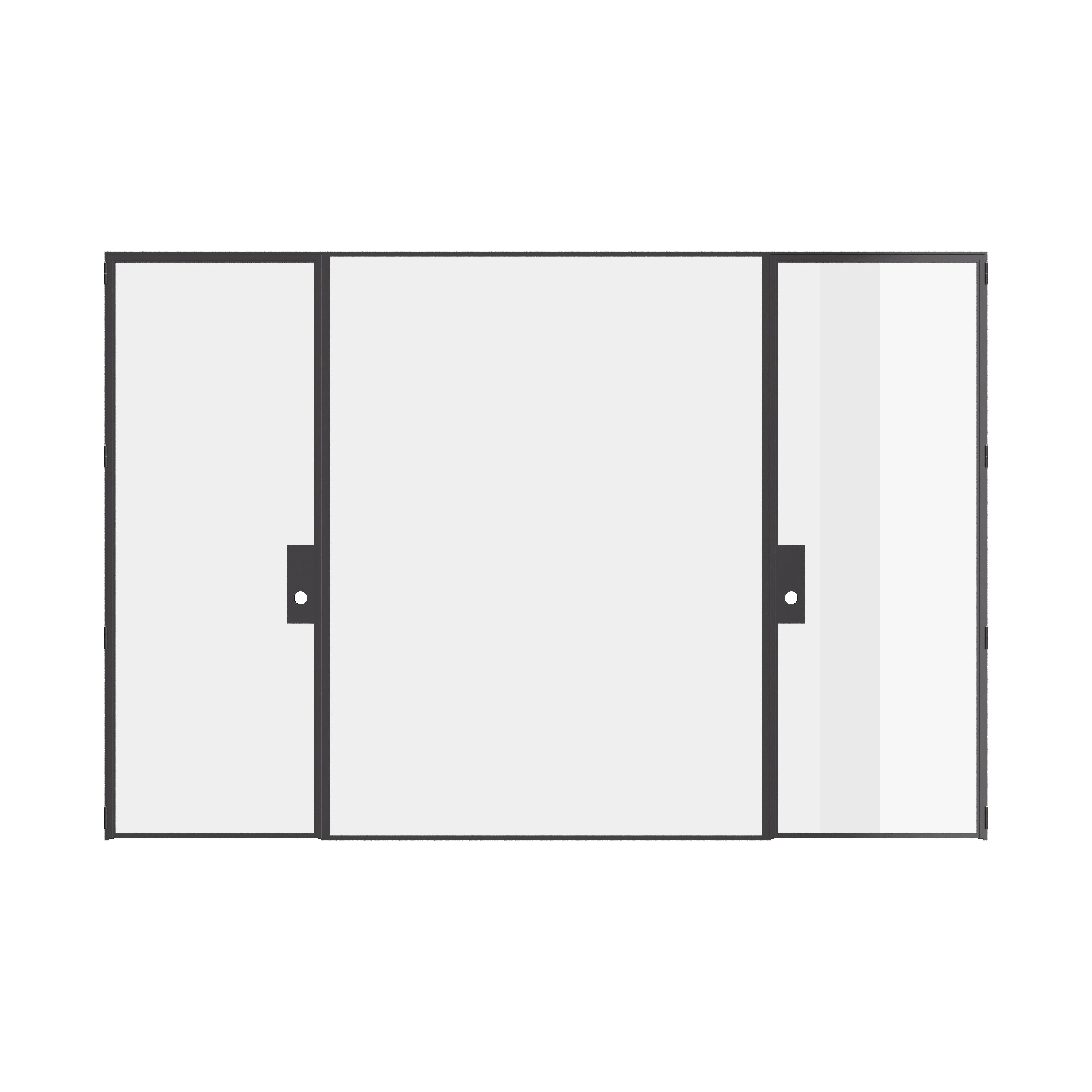 Dual single flat interior steel door system with center glass lite, solid steel construction and slim profile