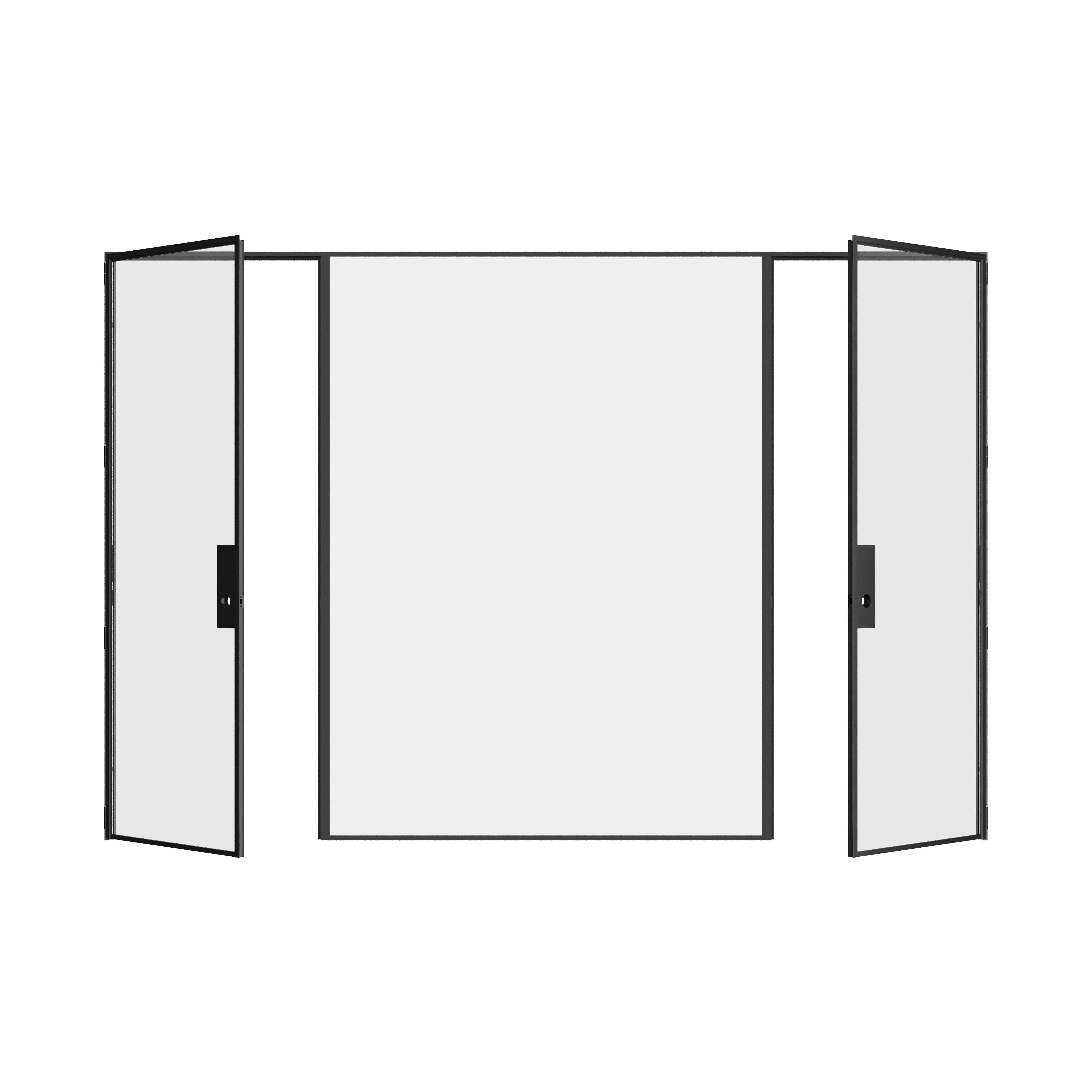 Dual single flat modular steel door with middle fixed glass panel, prehung hot-rolled steel frame and narrow sightlines