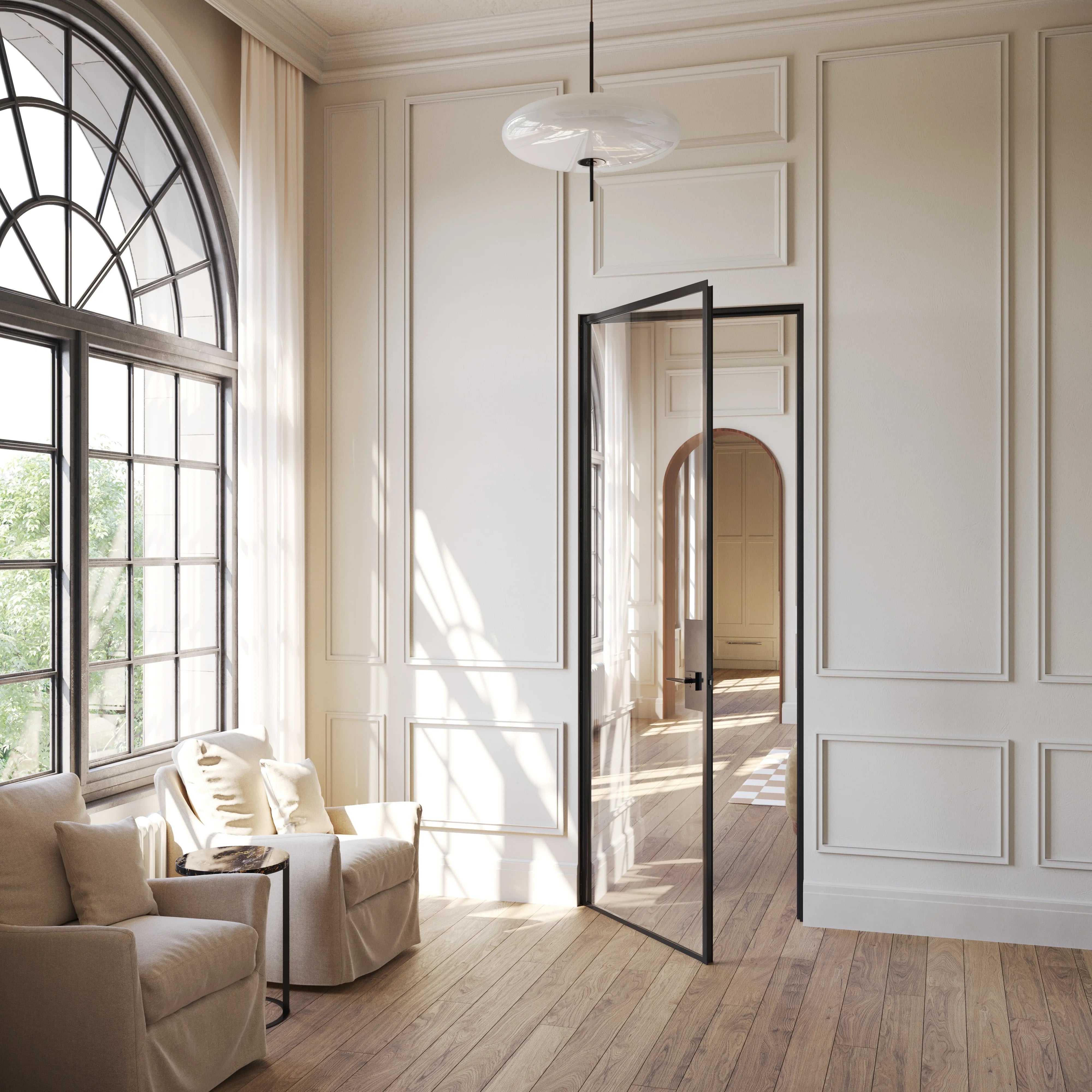 Architectural Air Lite single flat door with slim steel frame and modular system construction