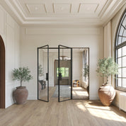 Double flat glass steel door with right side window, solid steel build and slim sightlines