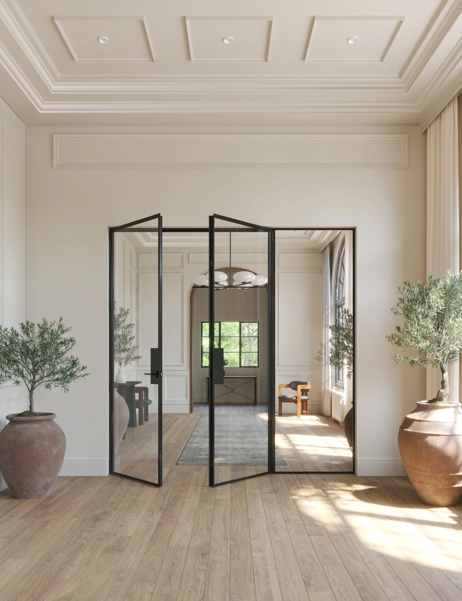 Double flat glass steel door with right side window, solid steel build and slim sightlines