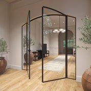 Modular double arch steel door with side windows and narrow framing.