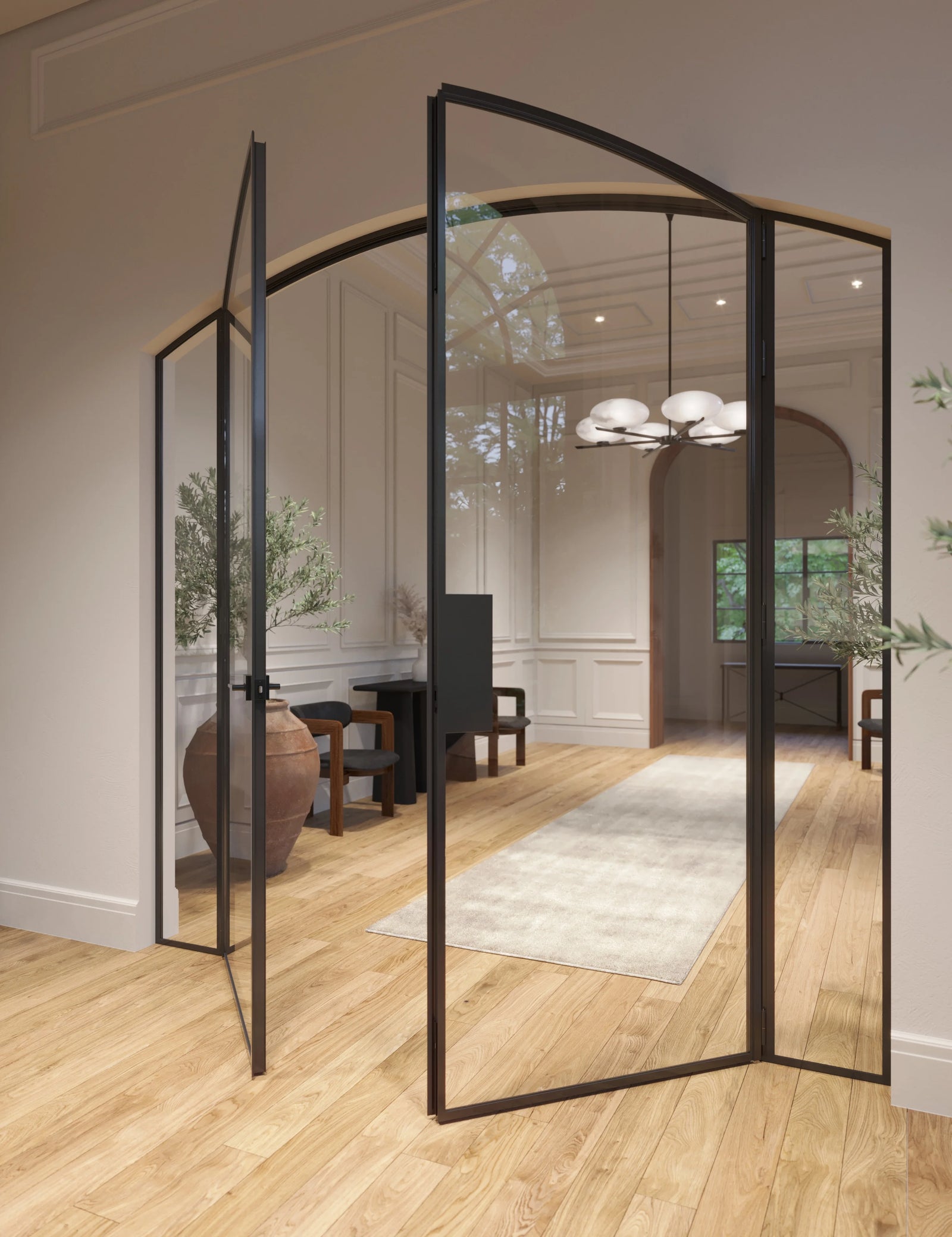 Modular double arch steel door with side windows and narrow framing.