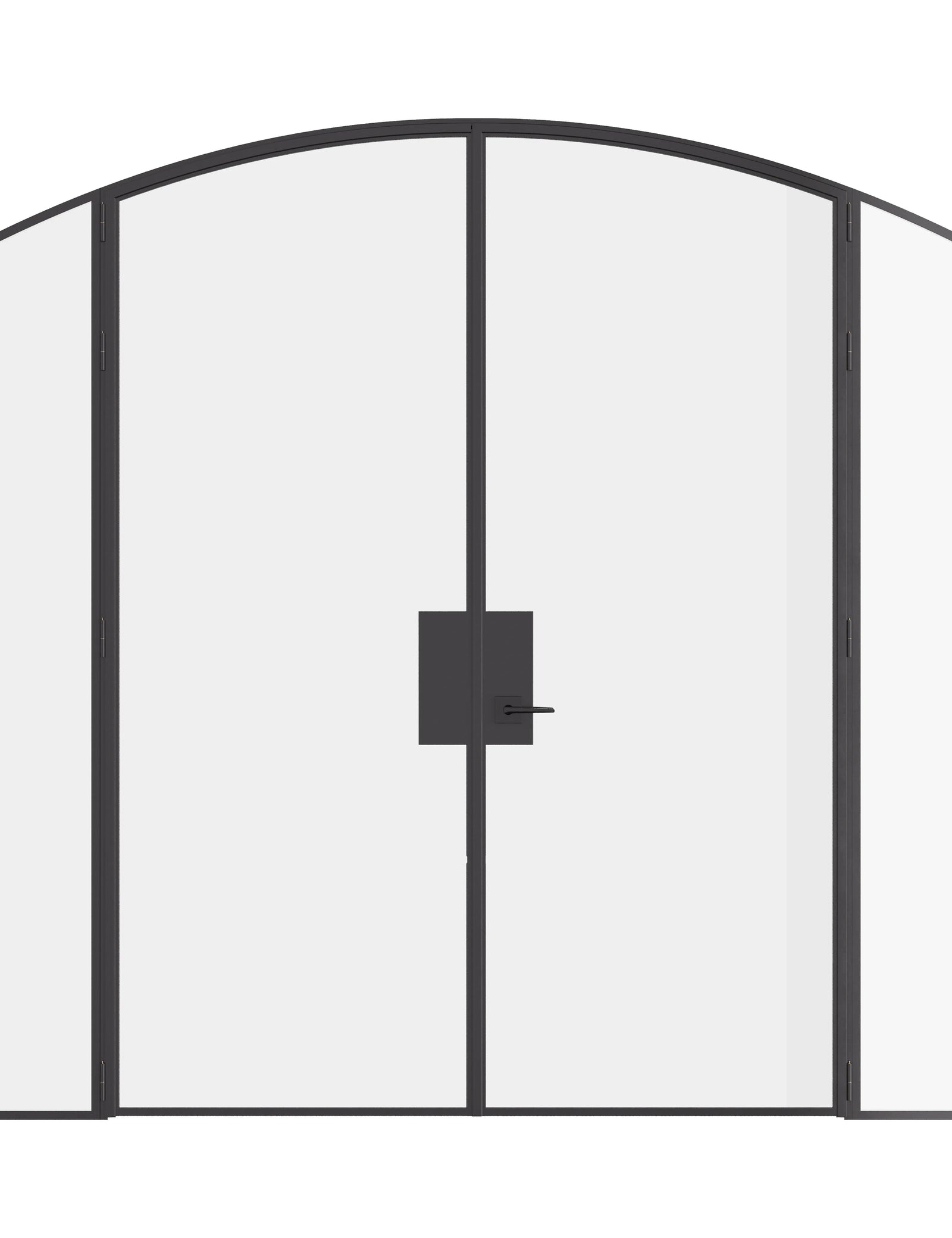 Pre-hung double arch steel door with sidelights, built from solid hot-rolled steel.