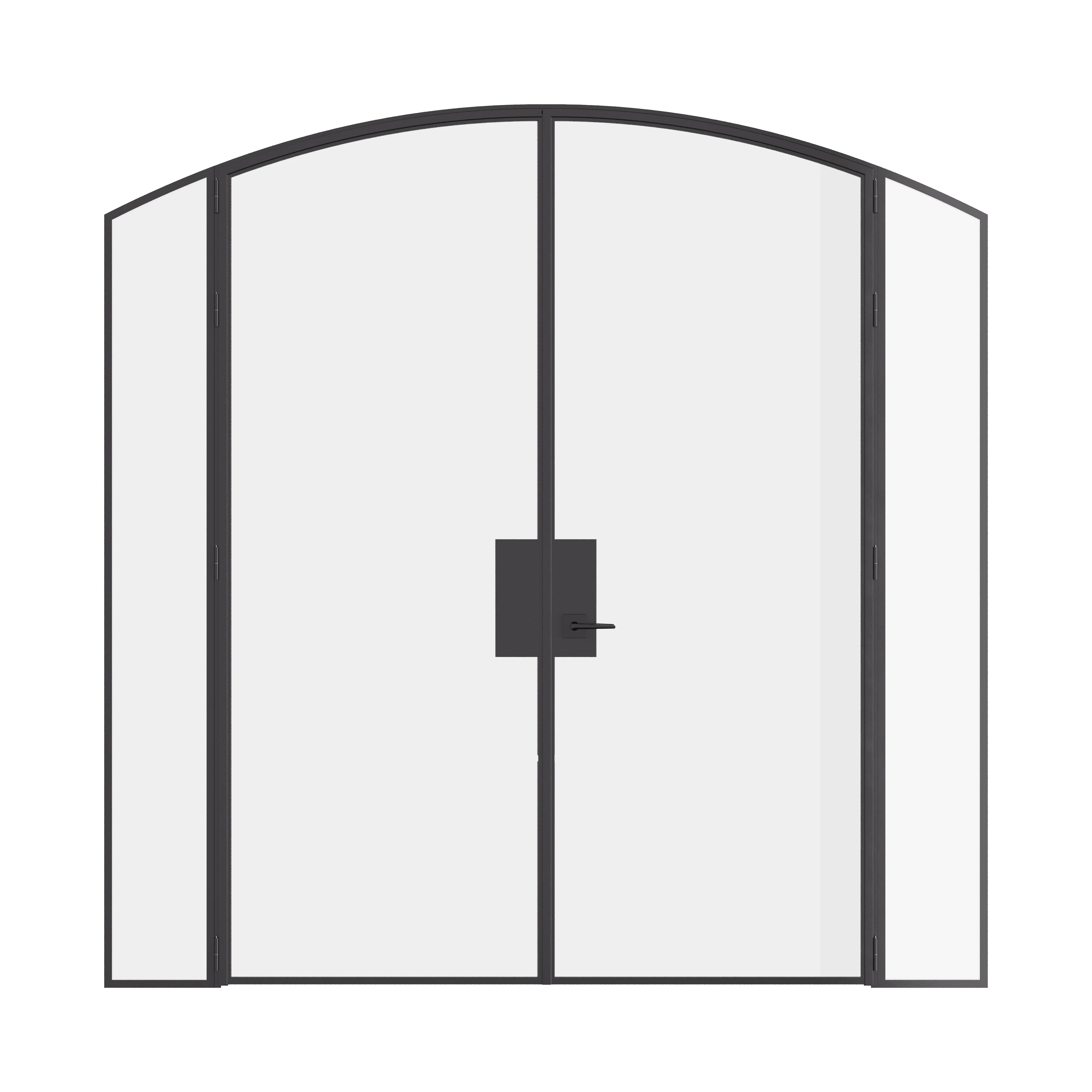 Pre-hung double arch steel door with sidelights, built from solid hot-rolled steel.