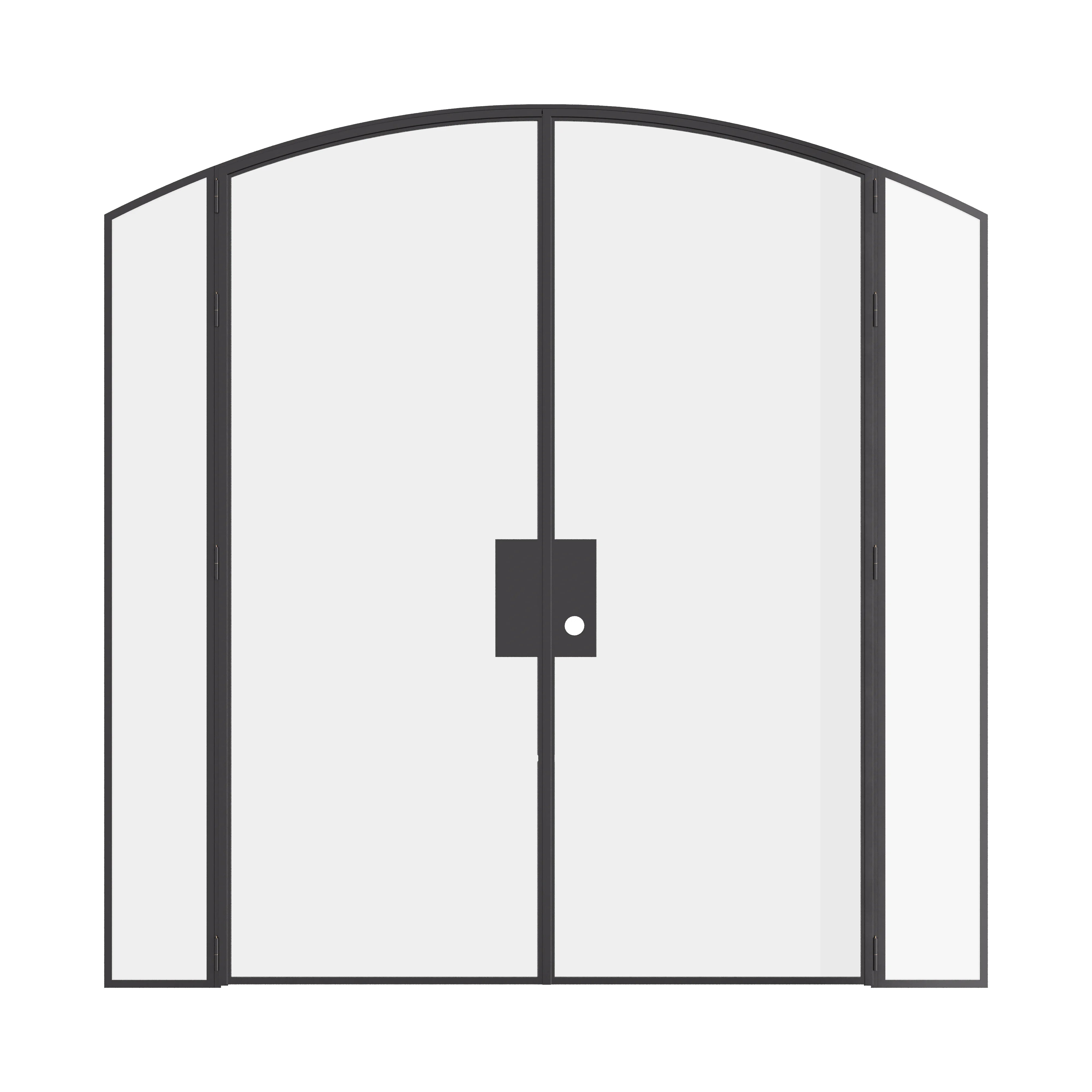 Double arch modular steel door with sidelights and slim architectural lines