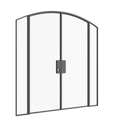 Architectural double arch steel door with sidelights and balanced proportions.