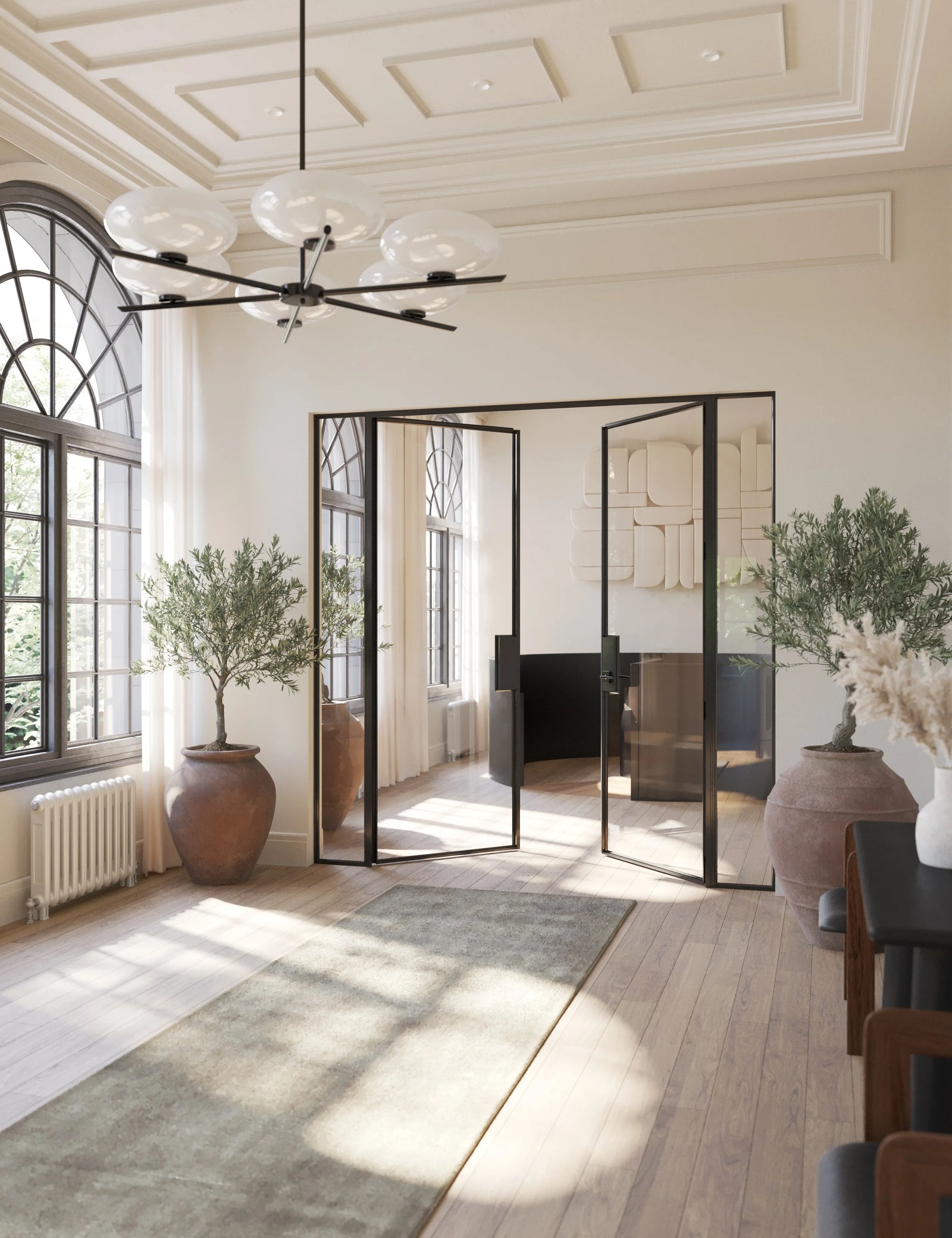Modular double flat steel door with side windows and architectural proportions.