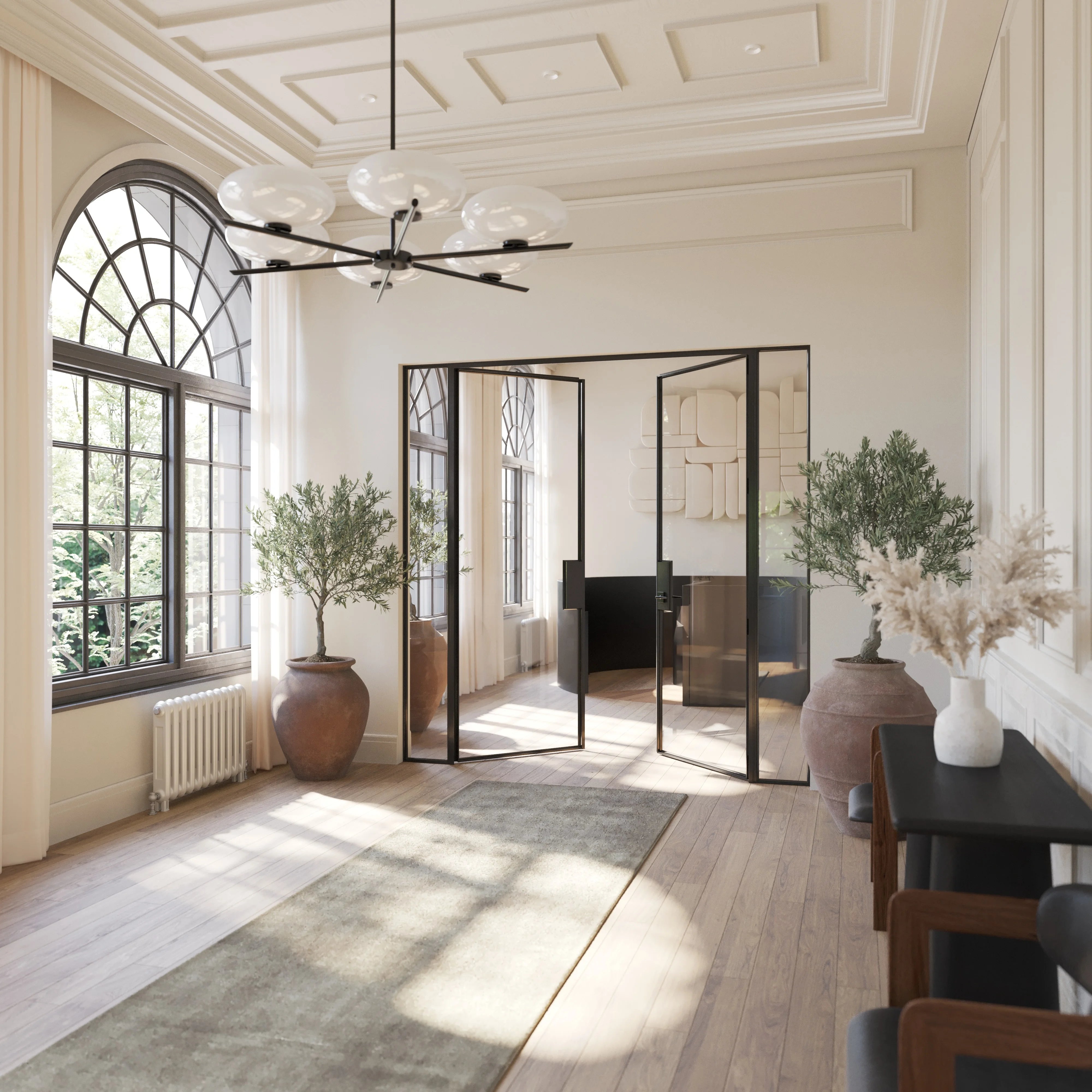 Modular double flat steel door with side windows and architectural proportions.