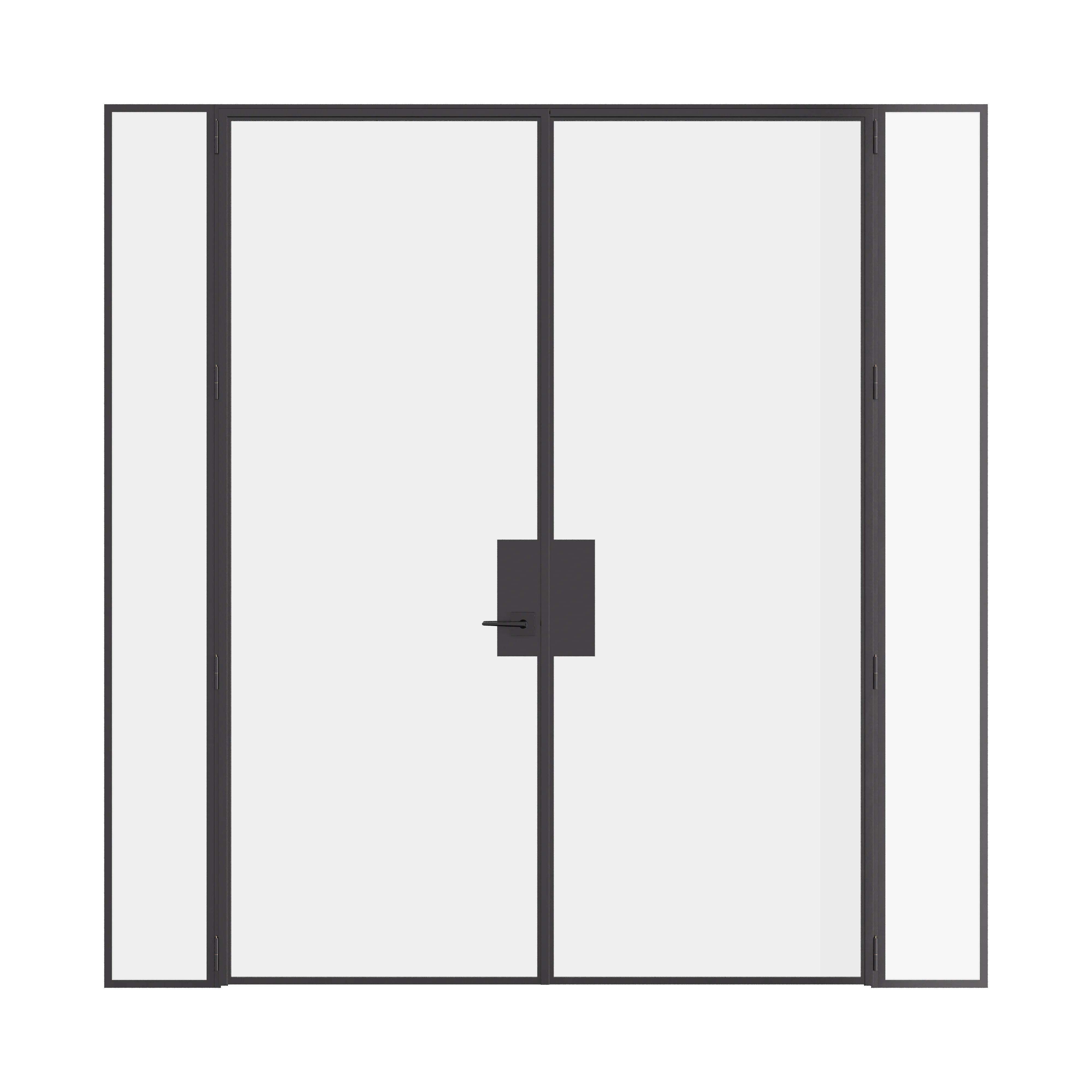 Pre-hung double flat steel door with sidelights, crafted from solid hot-rolled steel.