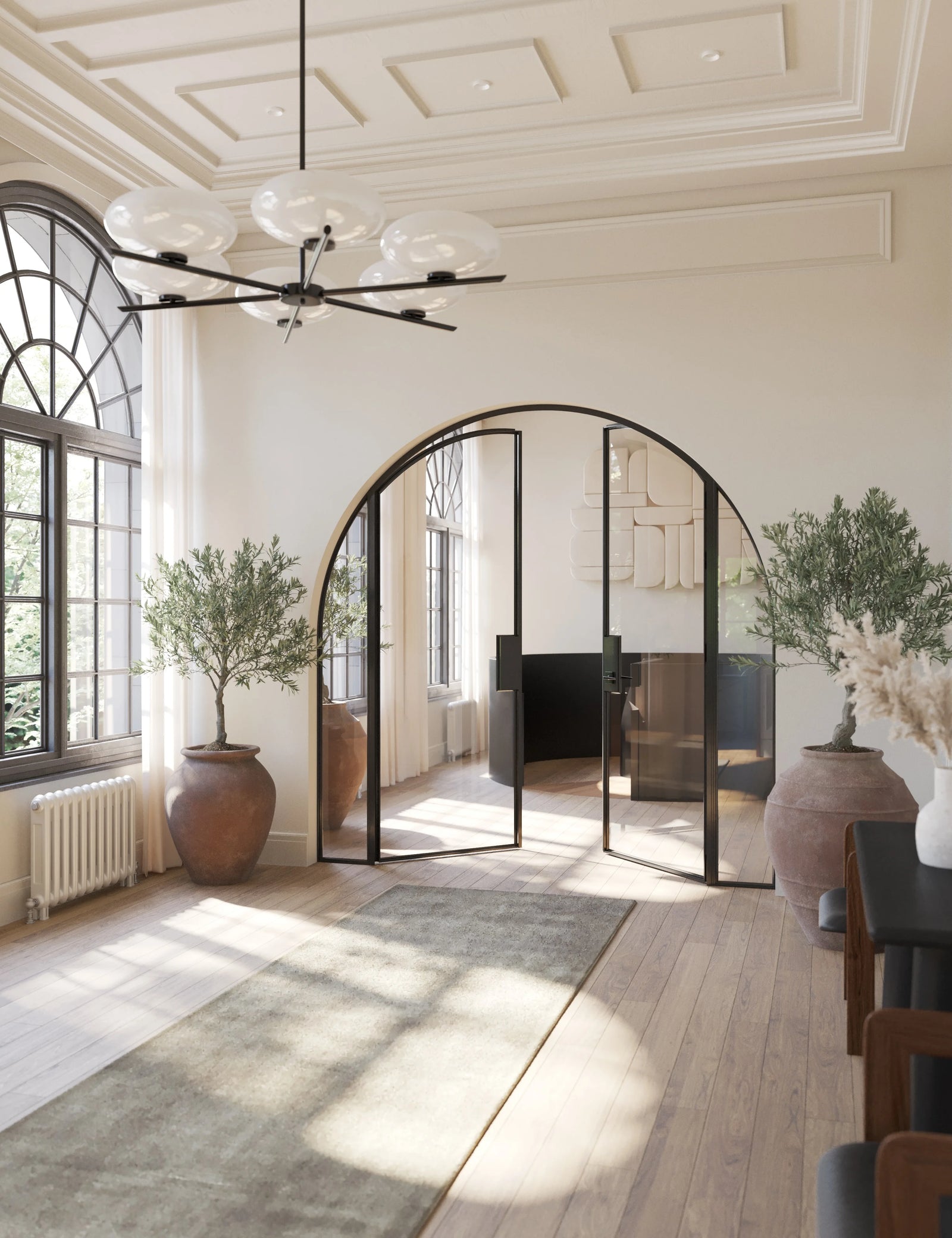 Solid steel double full arch door with side windows and modular system