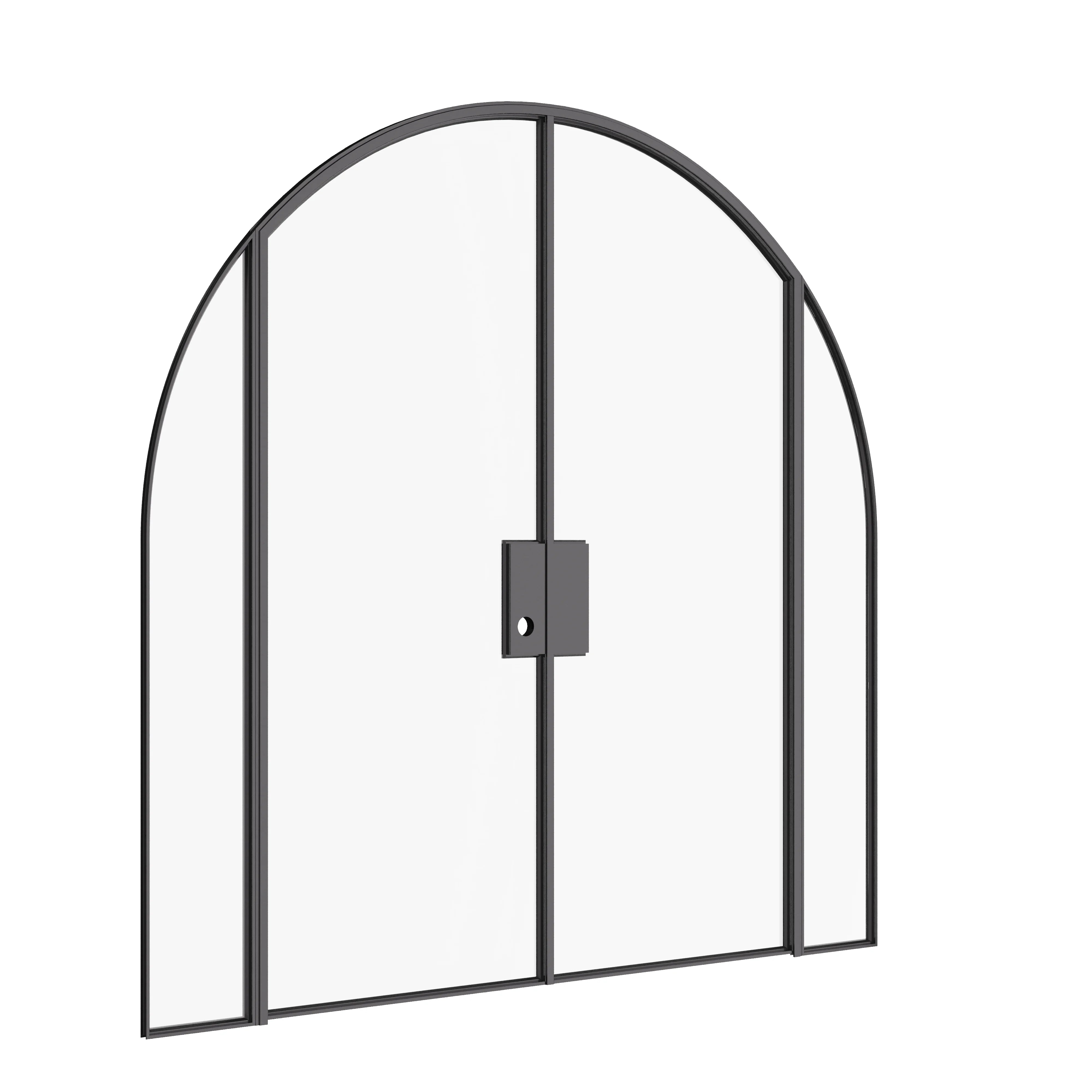 Architectural double full arch steel door with sidelights and narrow frame