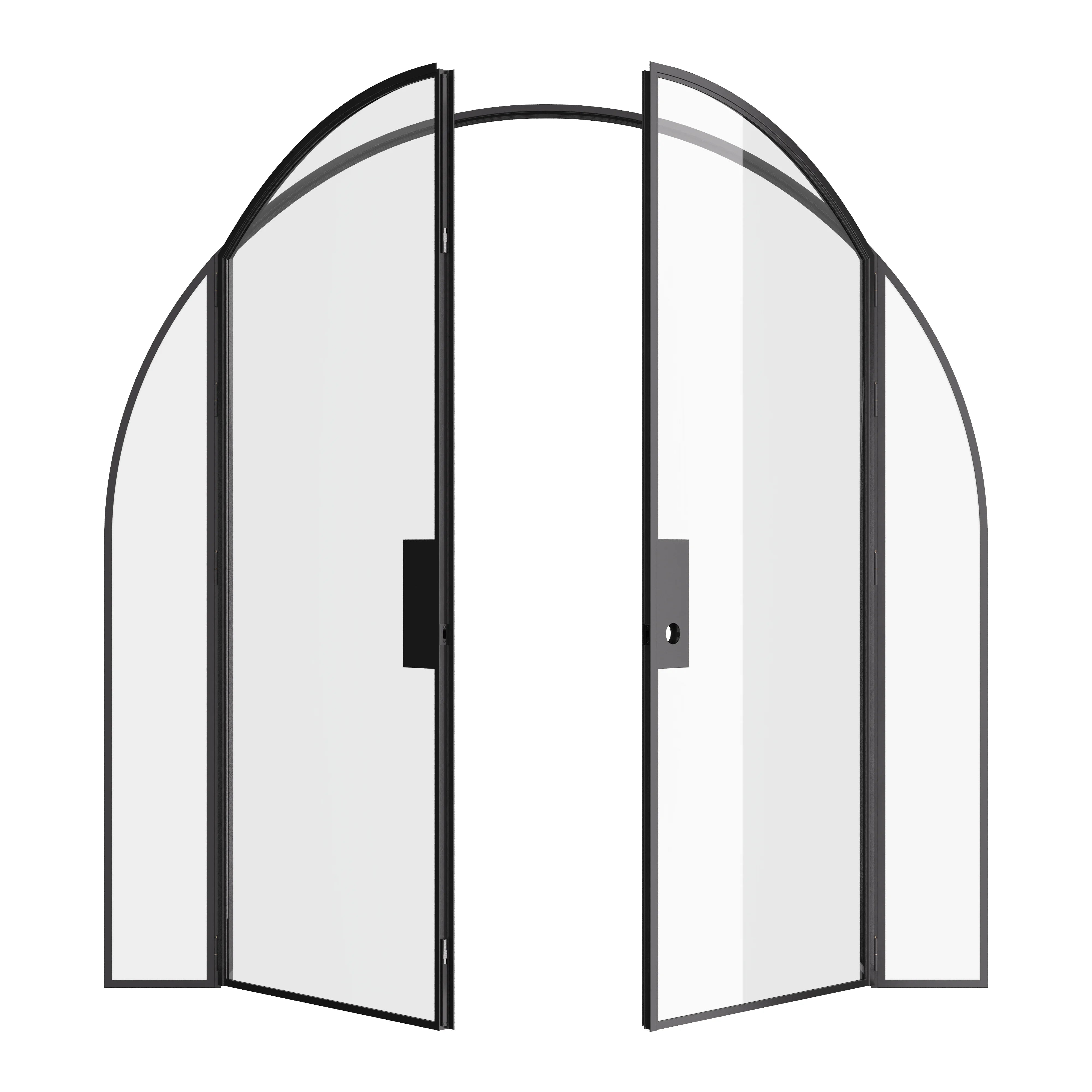 Double full arch steel door with side windows, hot-rolled steel and narrow architectural lines