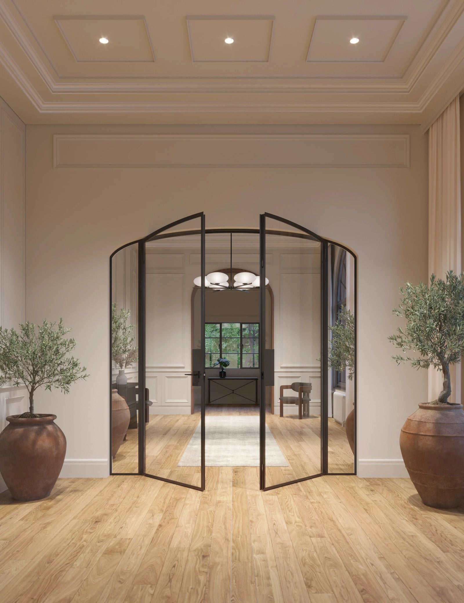 Double mini arch steel door with sidelights, hot-rolled steel and slim sightlines