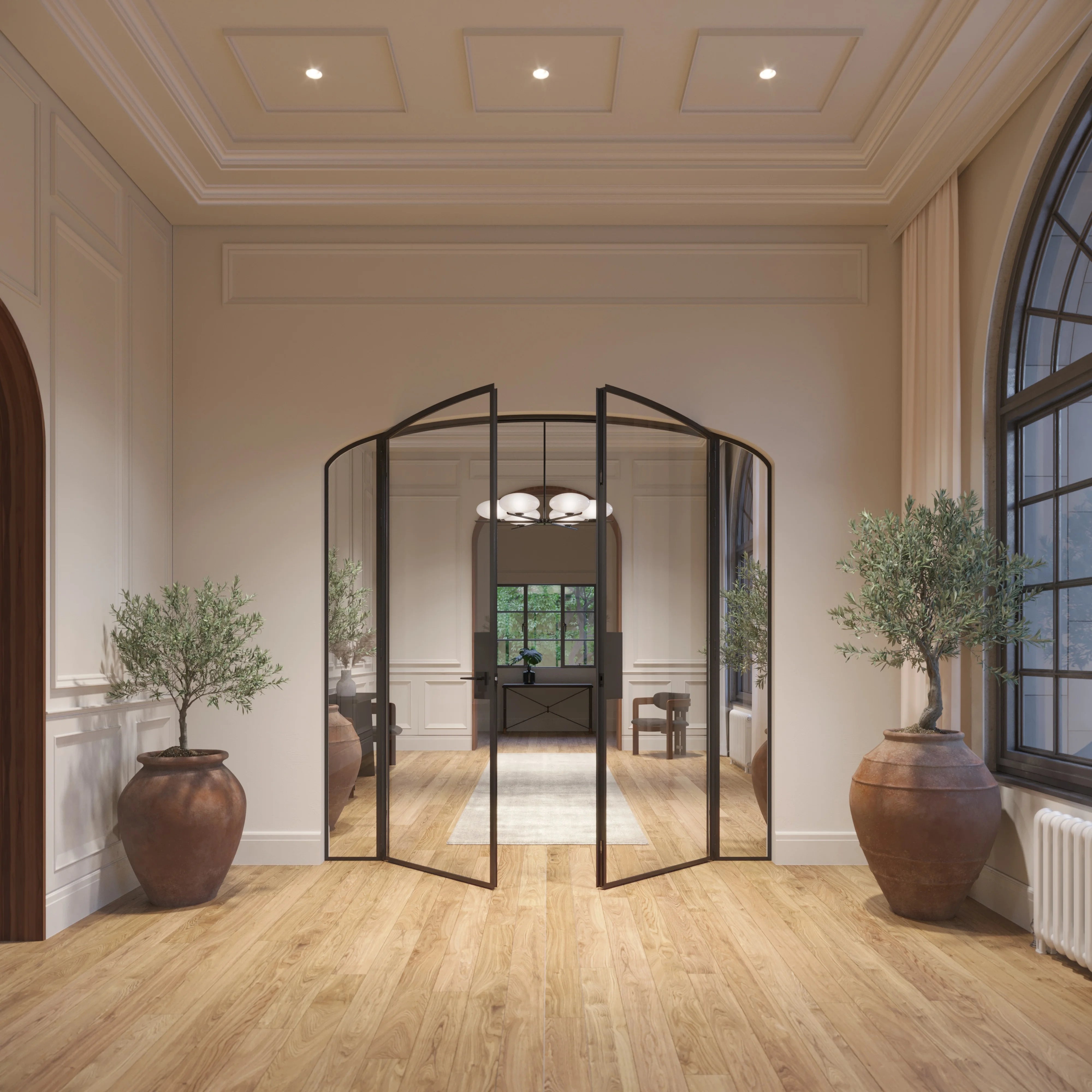 Double mini arch steel door with sidelights, hot-rolled steel and slim sightlines