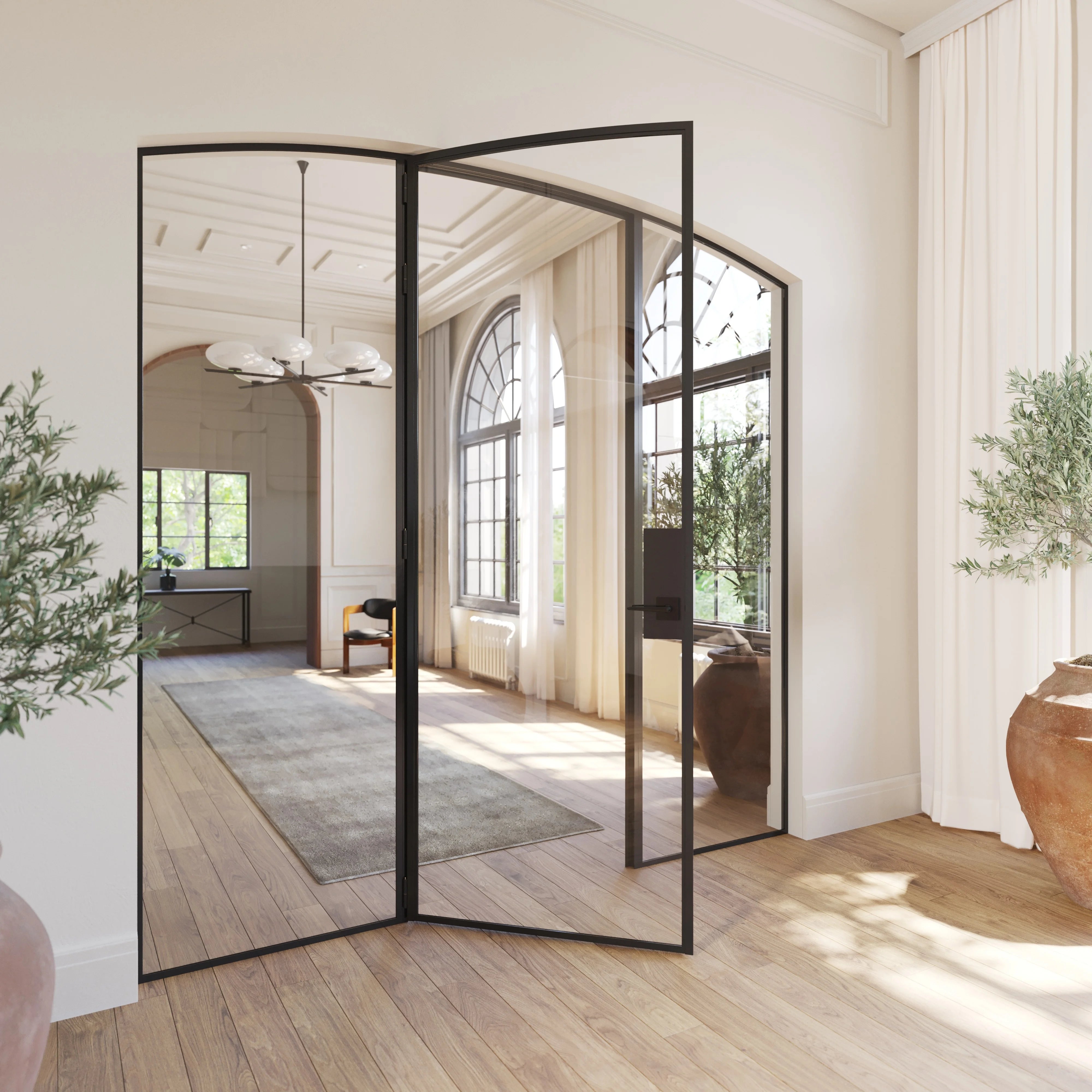 Modular single arch steel door with side windows and architectural lines.