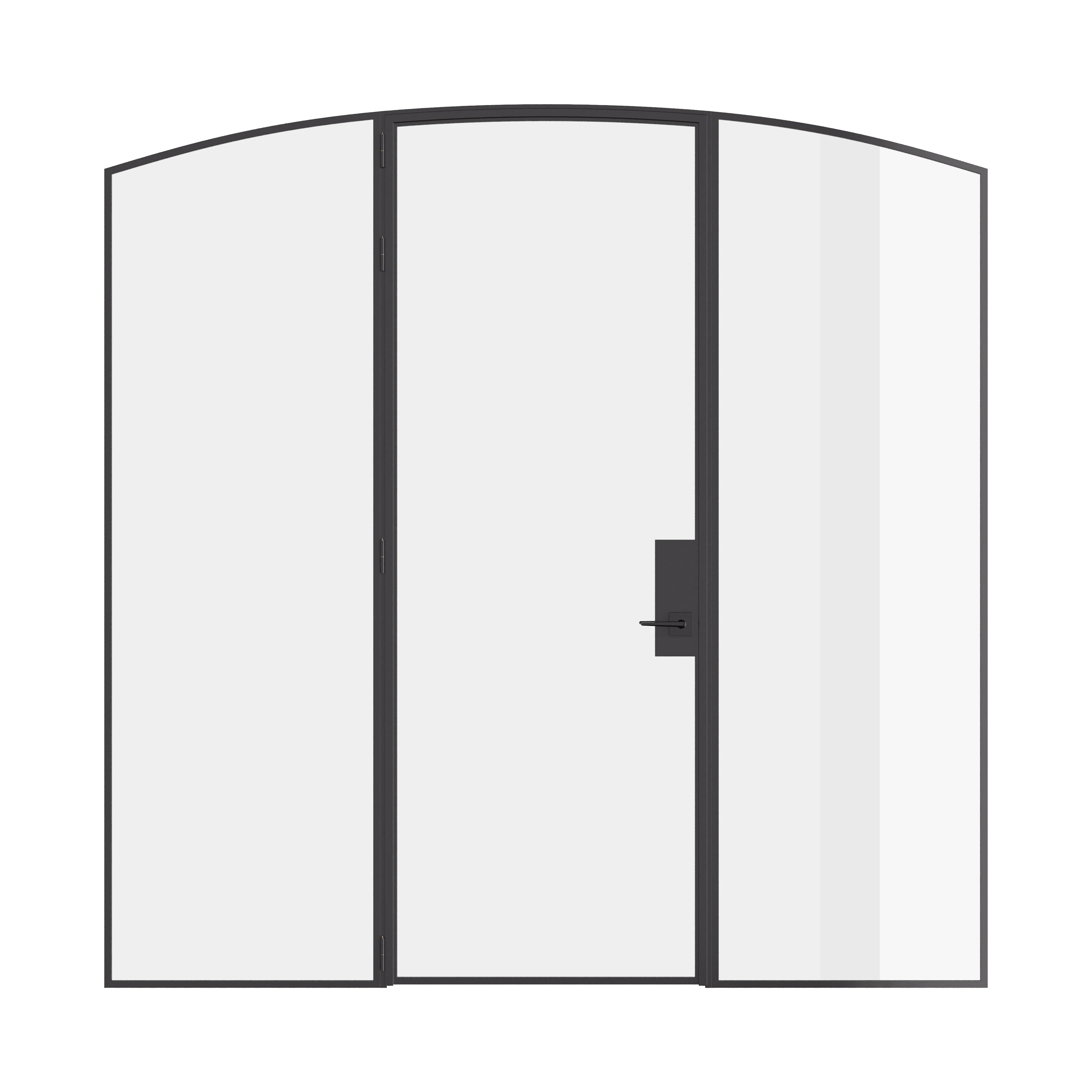 Pre-hung single arch steel door with sidelights, crafted from solid hot-rolled steel.