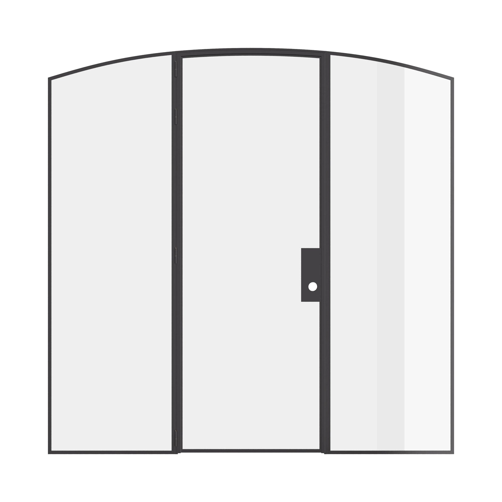 Single arch steel door with side windows, prehung modular steel and slim sightlines