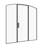 Narrow-profile single arch steel door with sidelights and minimalist proportions.