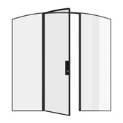 Solid steel single arch door with flanking glass panels and clean geometry.