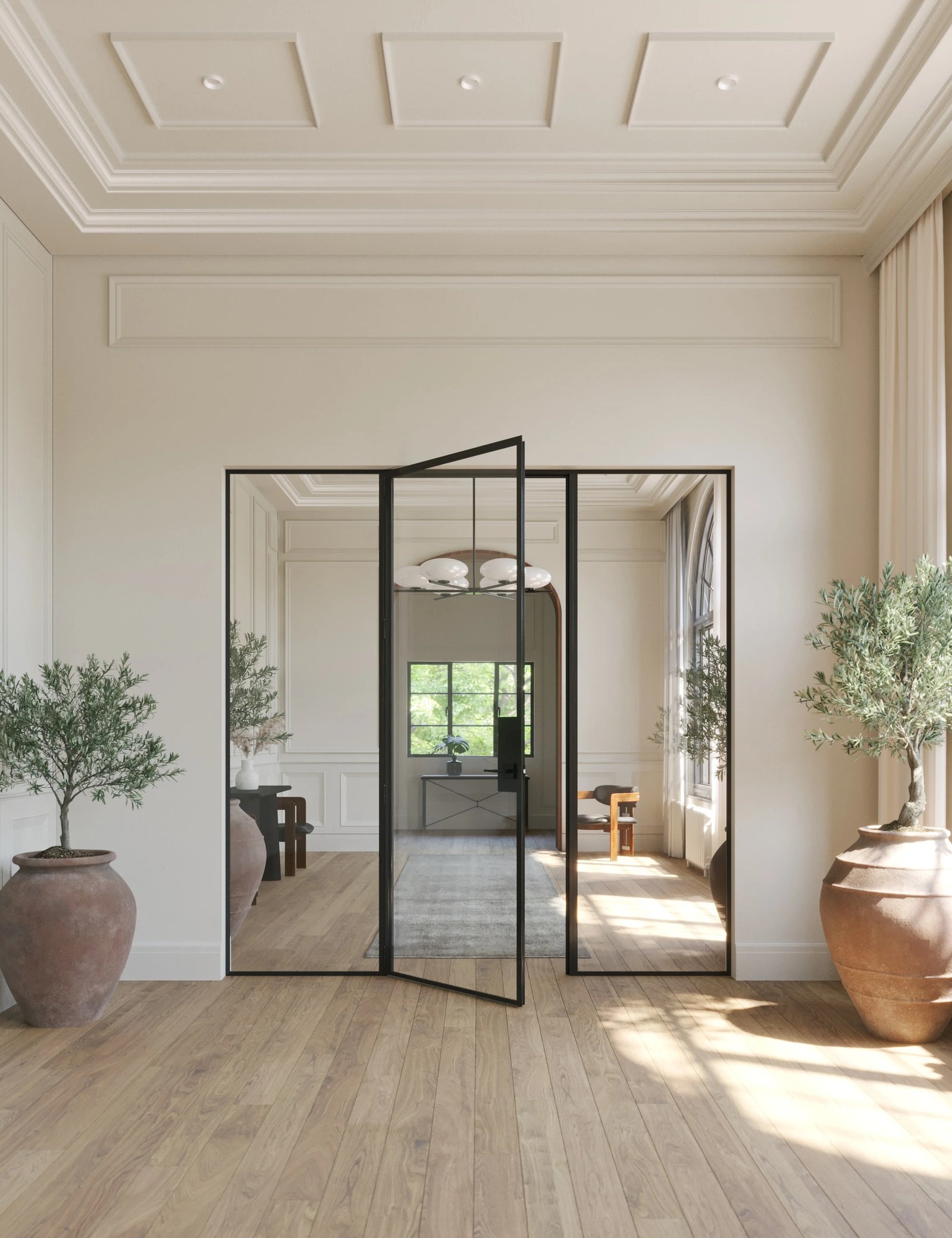 Architectural steel door with side glass panels and slim hot-rolled frame.