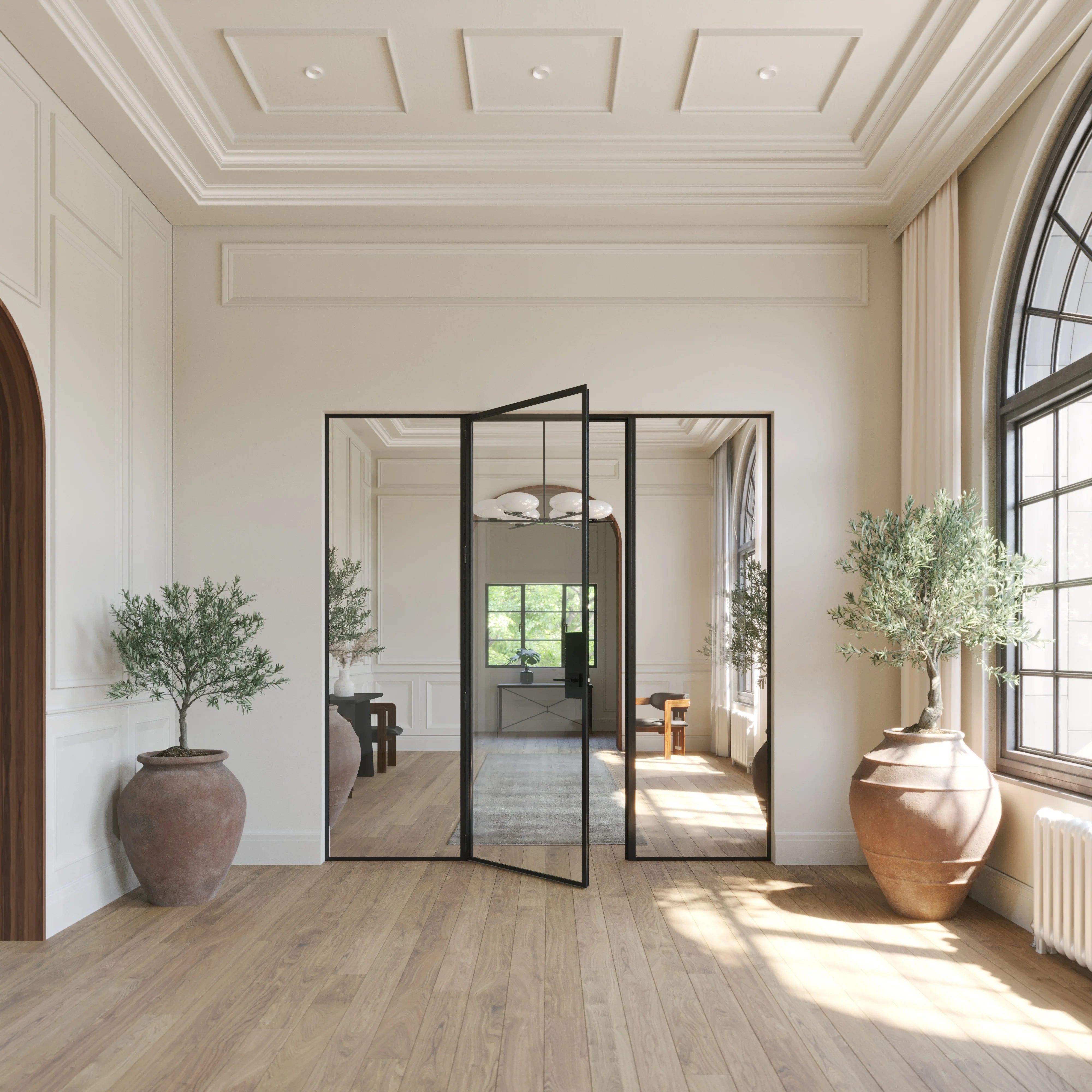 Architectural steel door with side glass panels and slim hot-rolled frame.