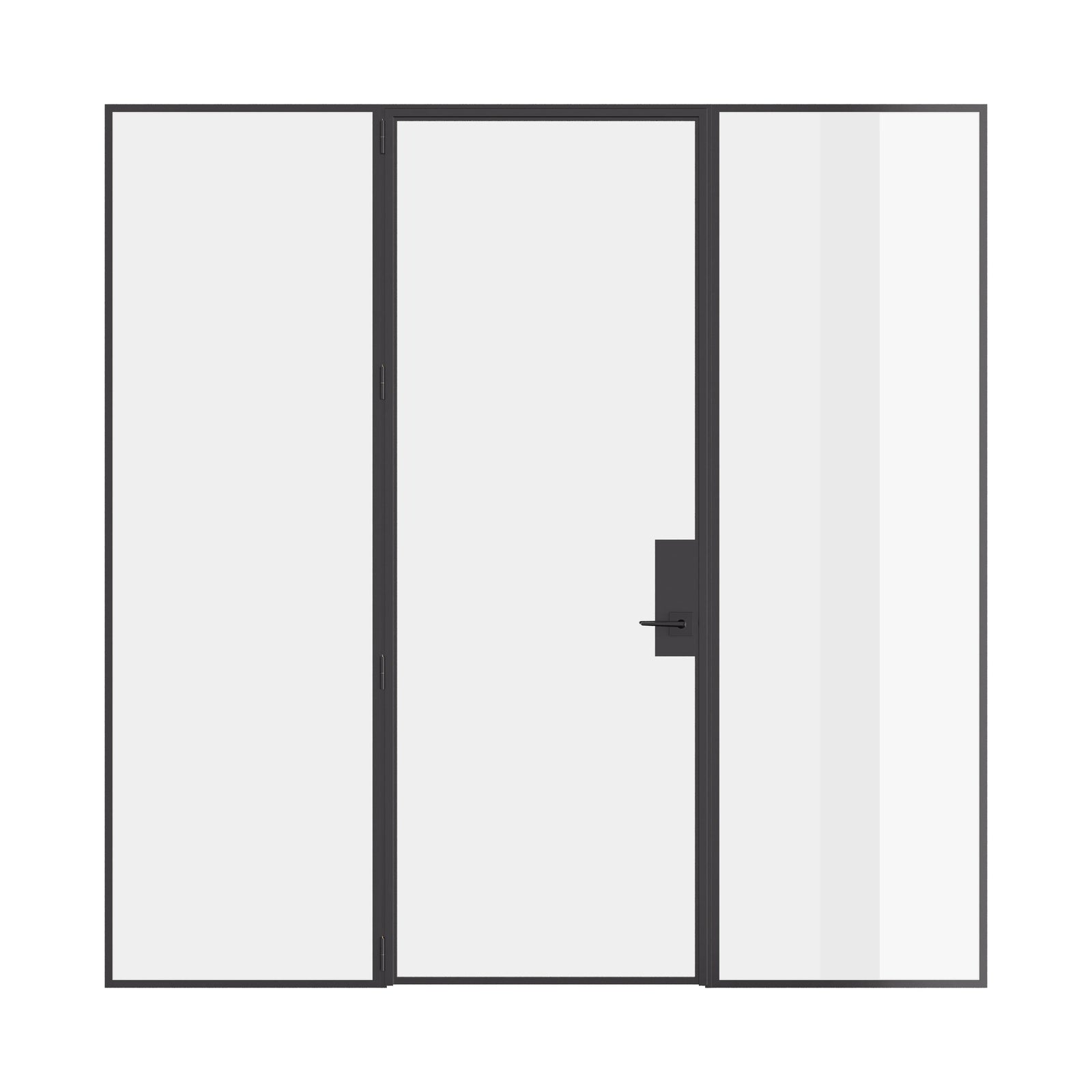 Pre-hung single flat steel door with sidelights and modular construction.