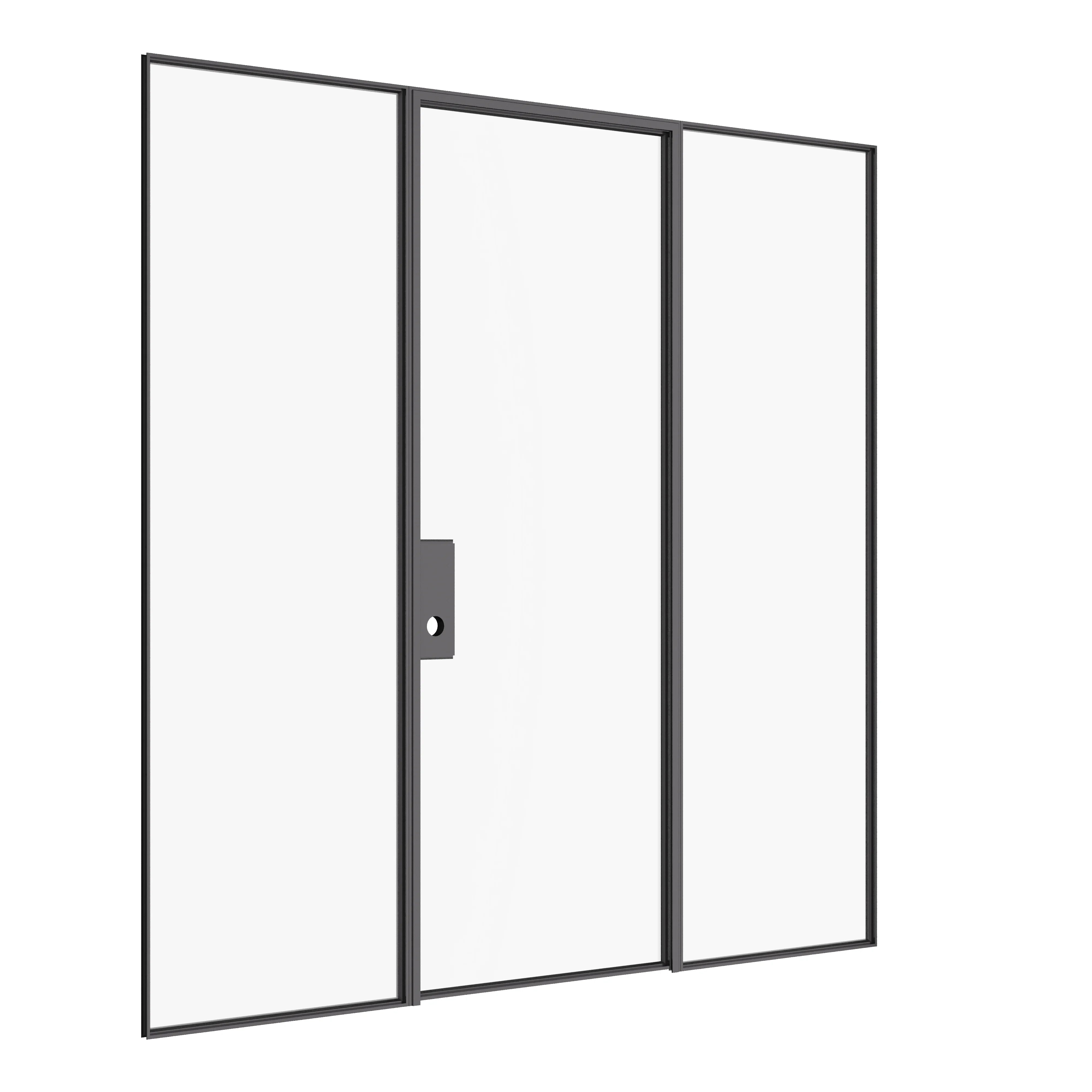 Pre-hung single flat steel door with sidelights, crafted from solid hot-rolled Ottostumm steel with slim architectural sightlines.