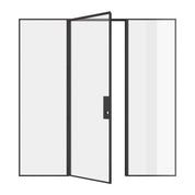 Modular pre-hung single flat steel door with side windows and narrow-profile frame construction.