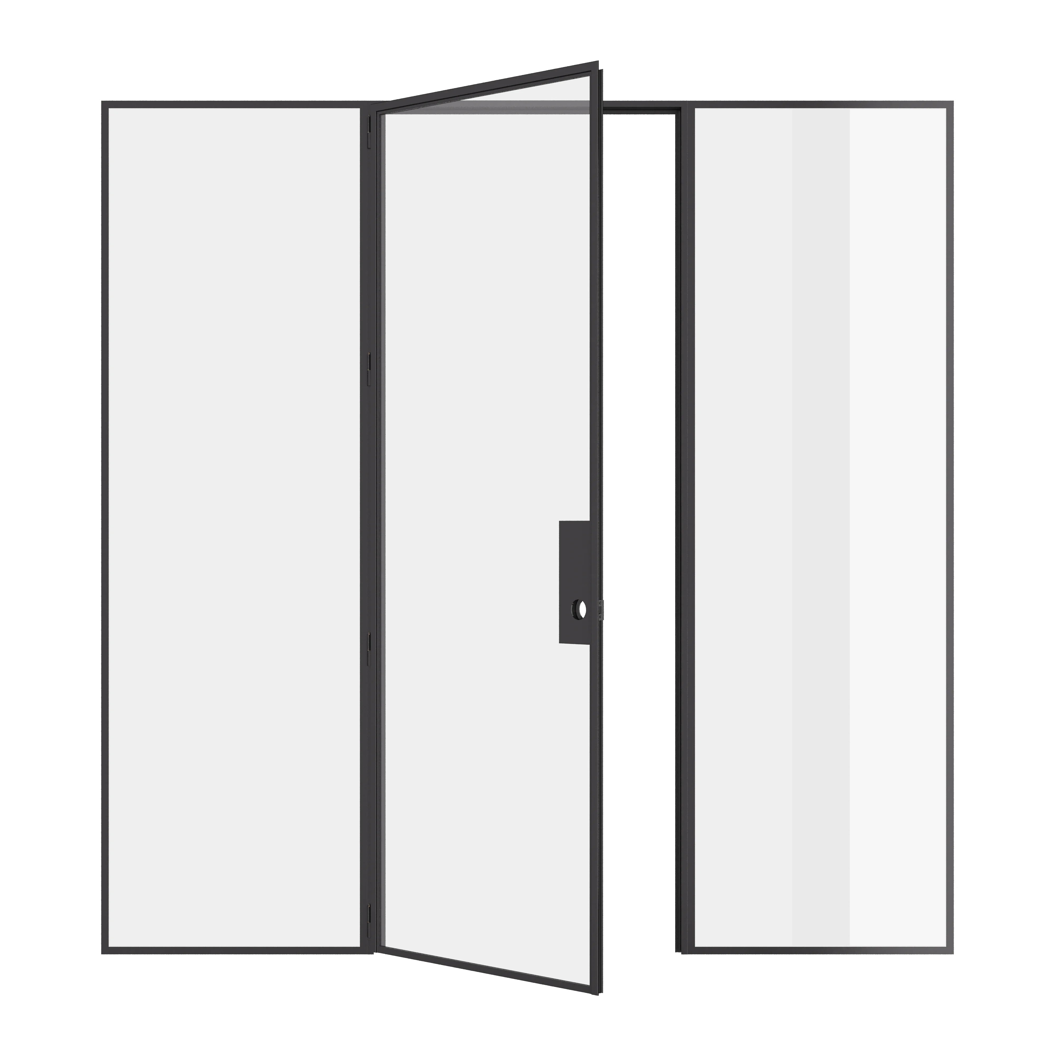 Modular pre-hung single flat steel door with side windows and narrow-profile frame construction.
