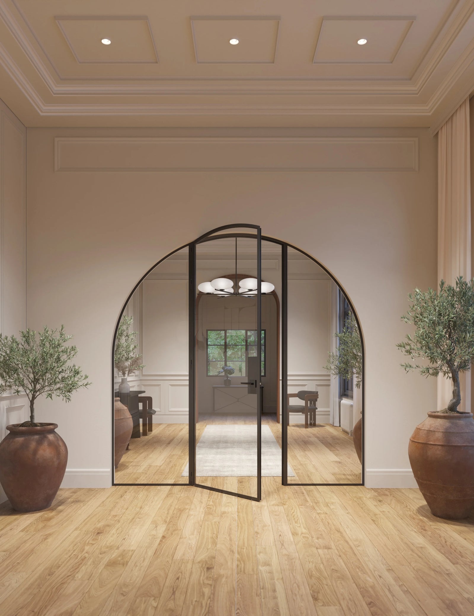 Single full arch glass steel door with sidelights and modular system