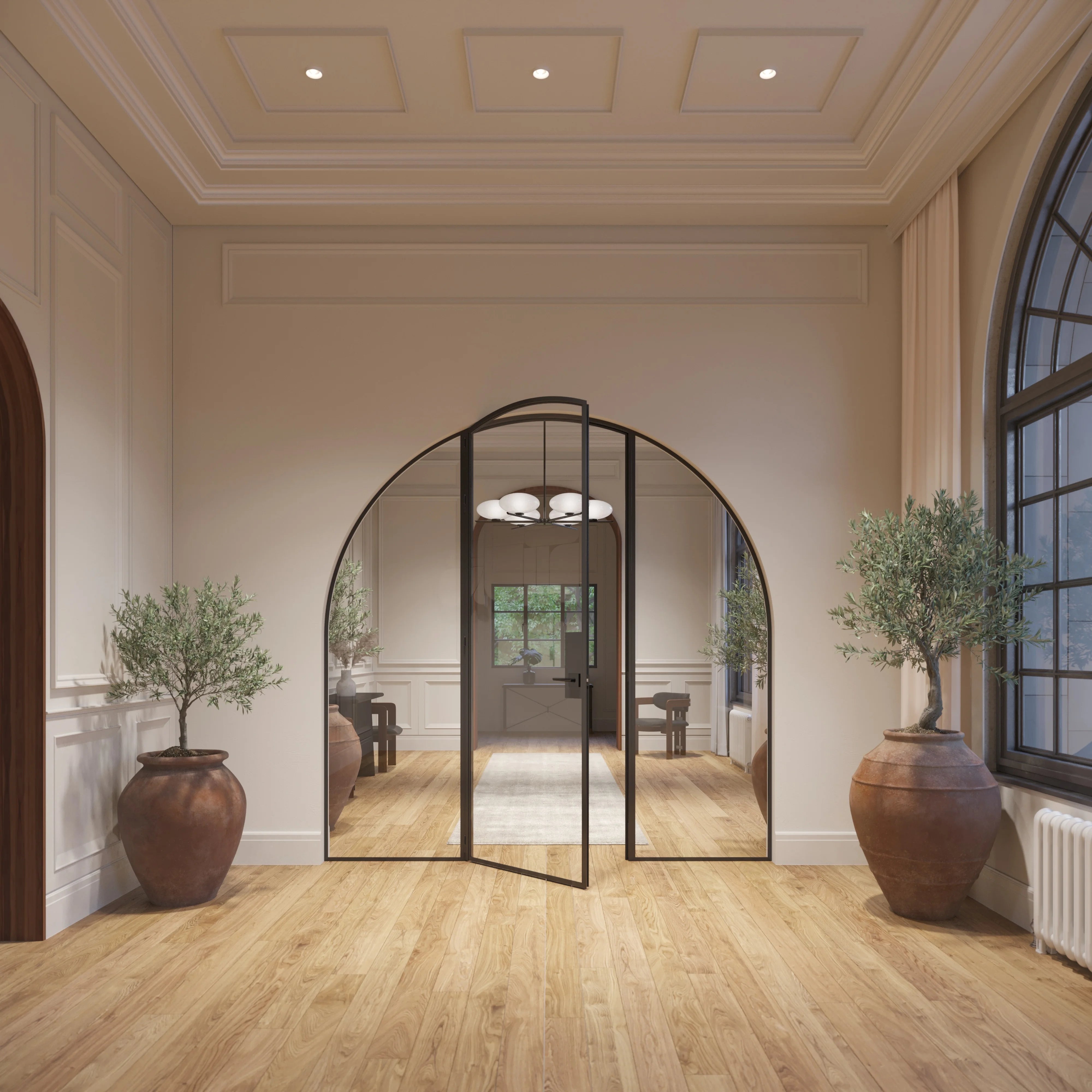 Single full arch glass steel door with sidelights and modular system